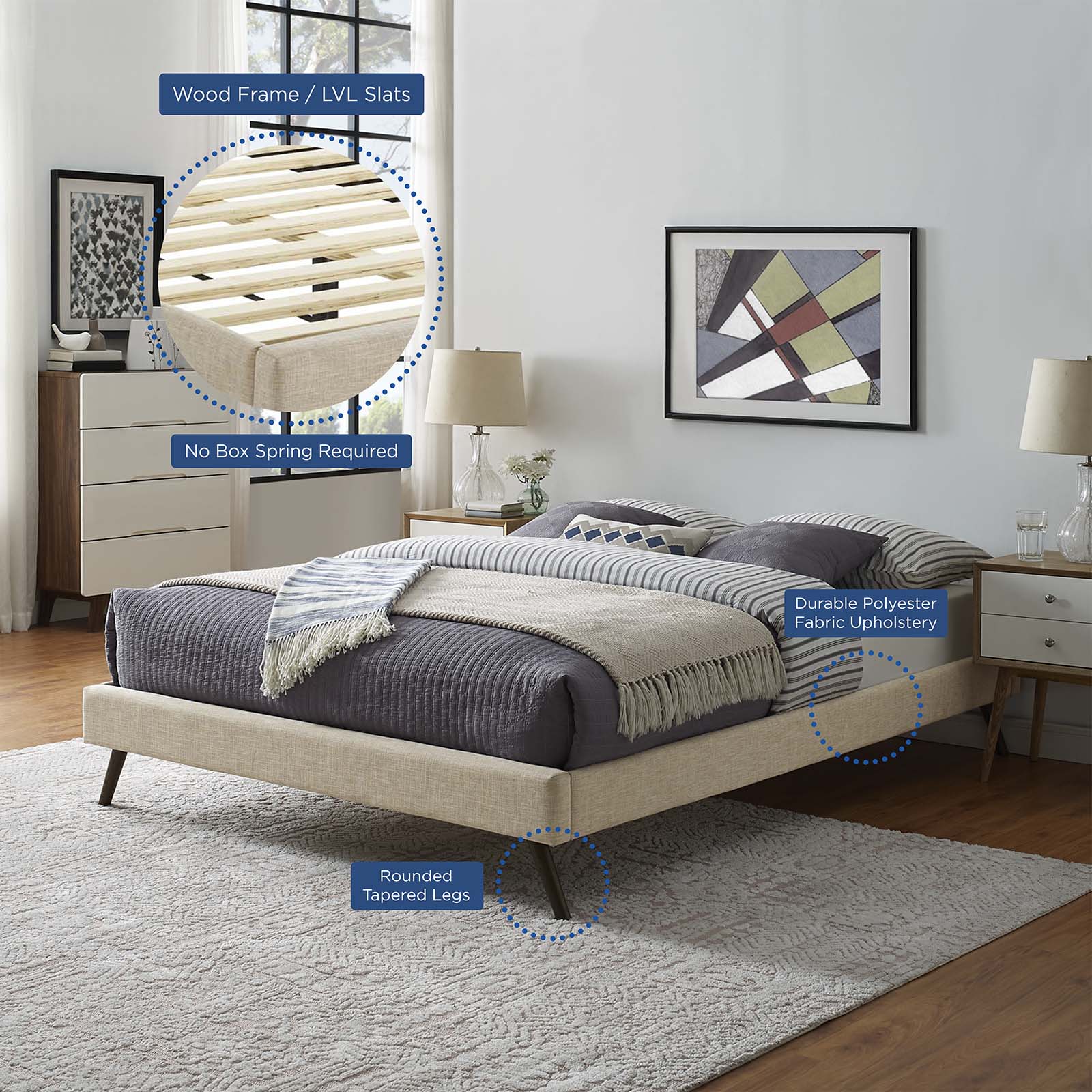 Modway Beds - Loryn Queen Fabric Bed Frame with Round Splayed Legs Beige