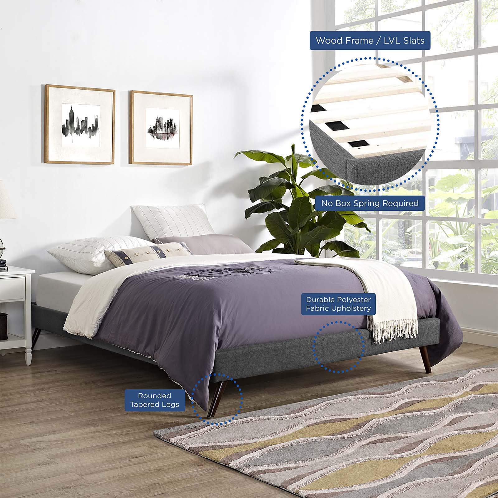 Modway Beds - Loryn Queen Fabric Bed Frame with Round Splayed Legs Gray