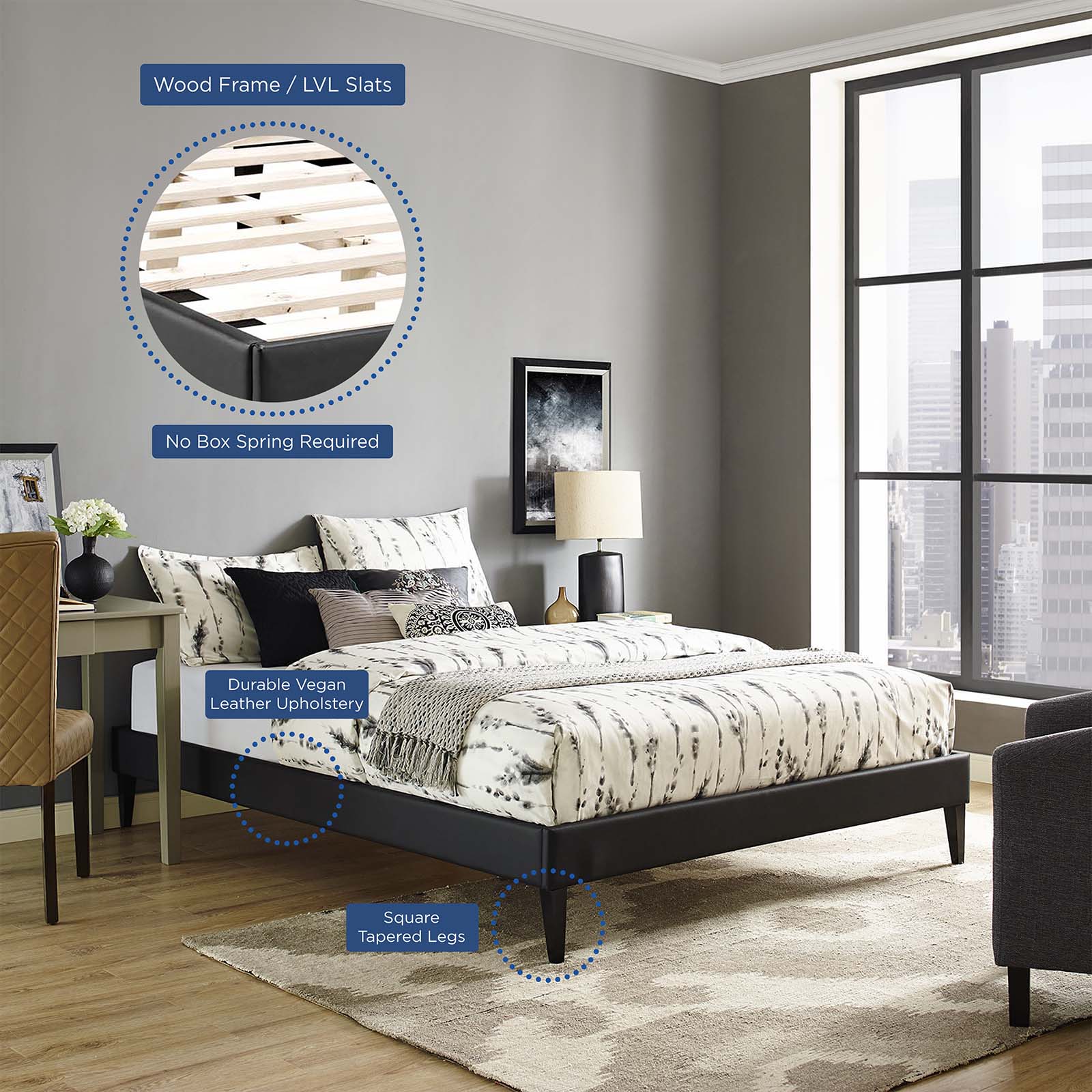 Modway Beds - Tessie Full Vinyl Bed Frame with Squared Tapered Legs Black
