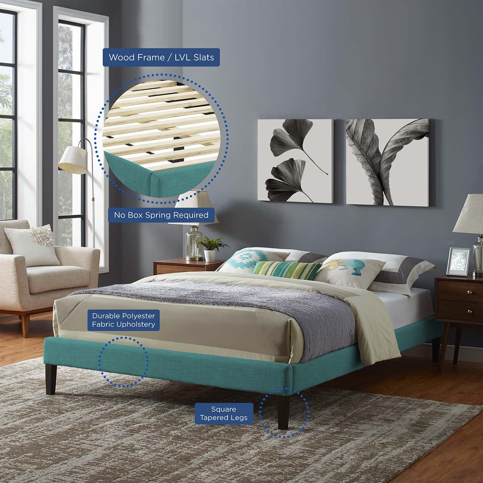 Modway Beds - Tessie Full Fabric Bed Frame with Squared Tapered Legs Teal