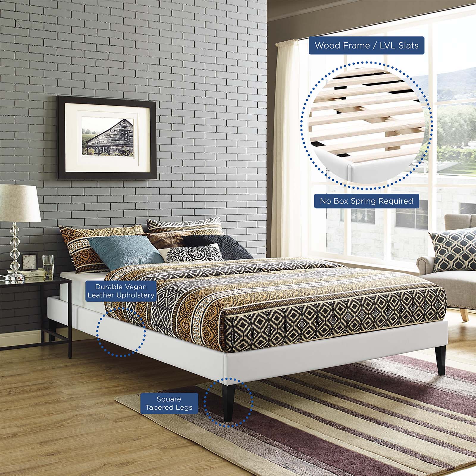 Modway Beds - Tessie Queen Vinyl Bed Frame with Squared Tapered Legs White