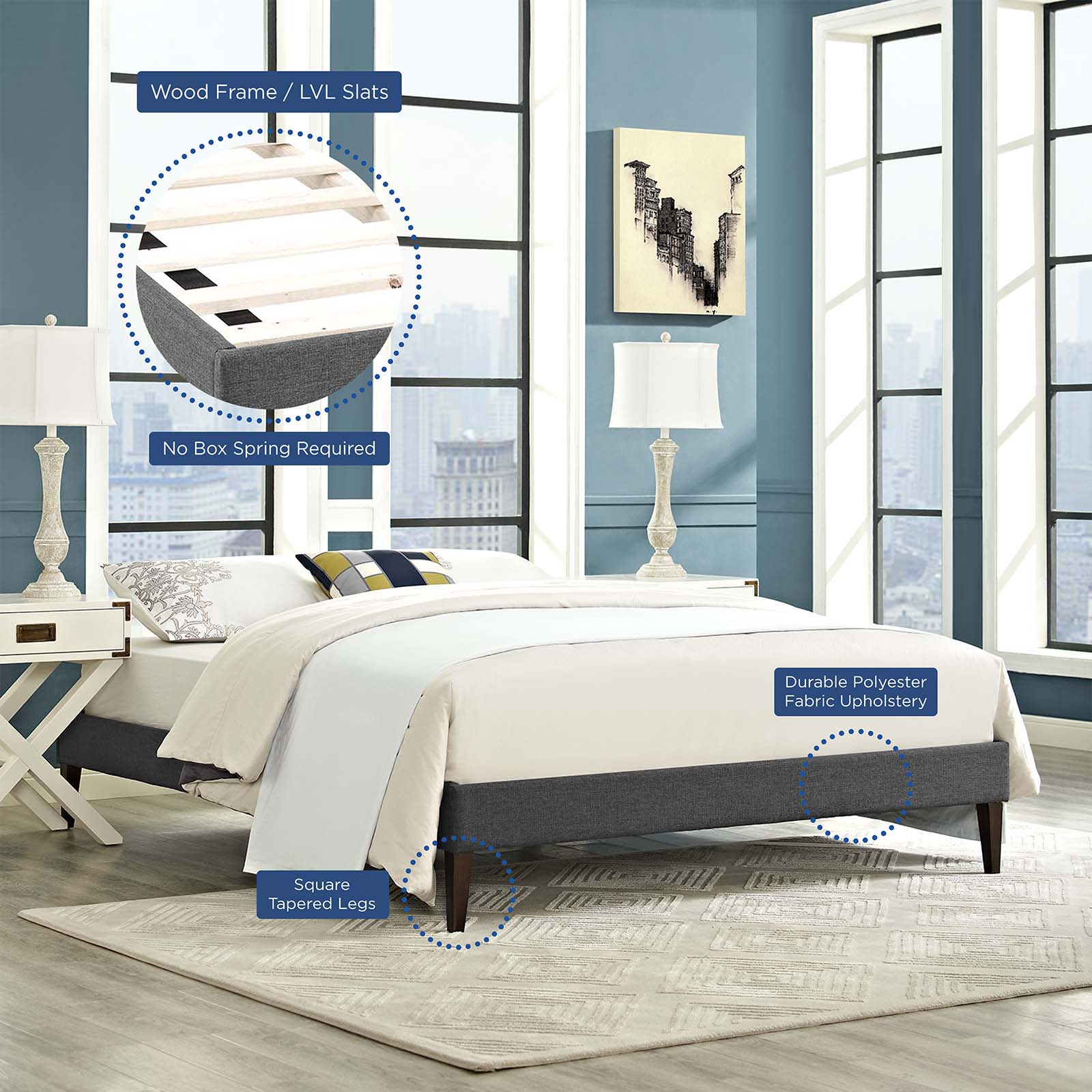 Modway Beds - Tessie King Fabric Bed Frame with Squared Tapered Legs Gray