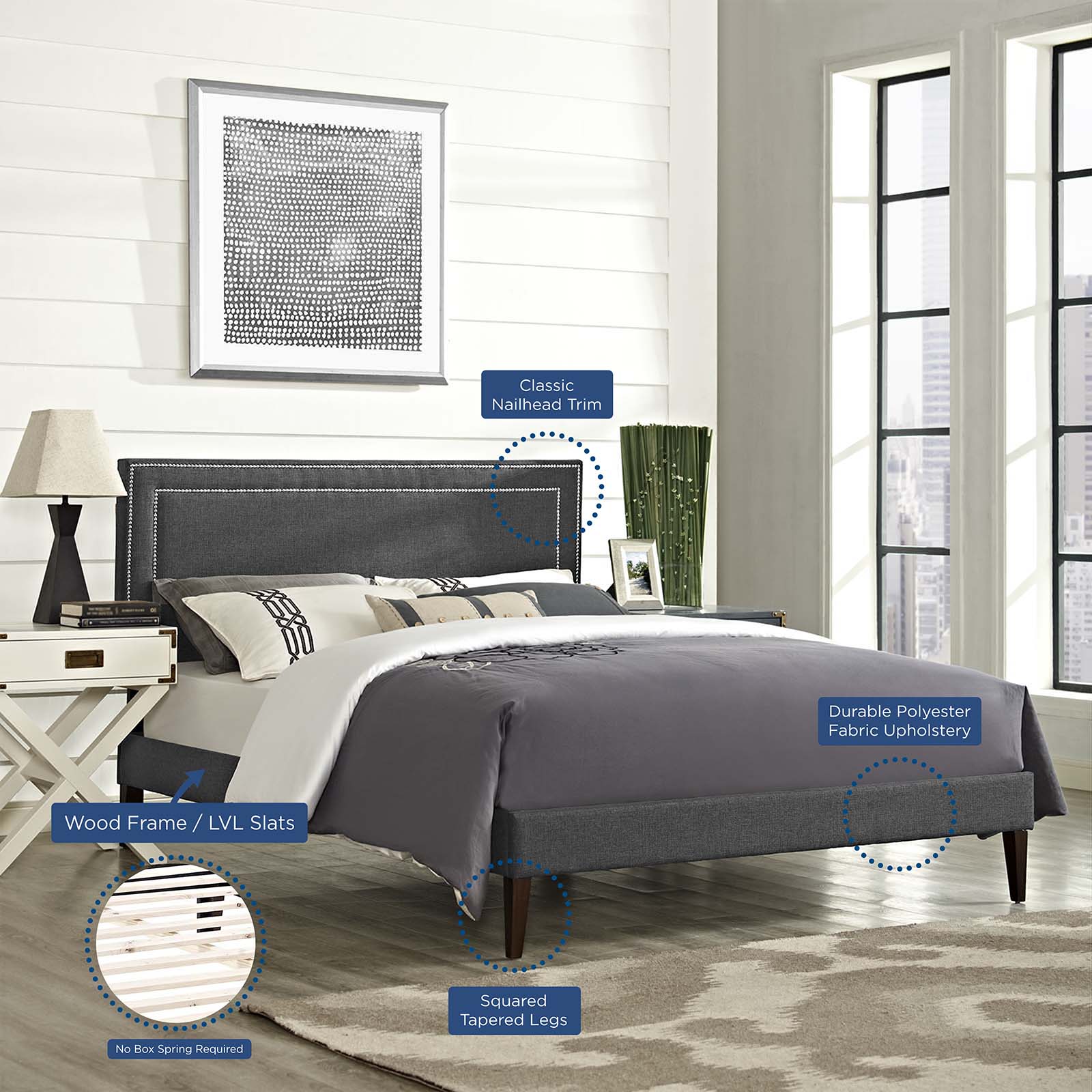Modway Beds - Virginia Queen Fabric Platform Bed with Squared Tapered Legs Gray