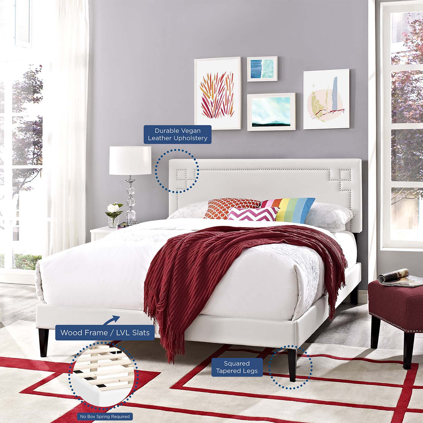 Modway Beds - Ruthie Queen Vinyl Platform Bed with Squared Tapered Legs White