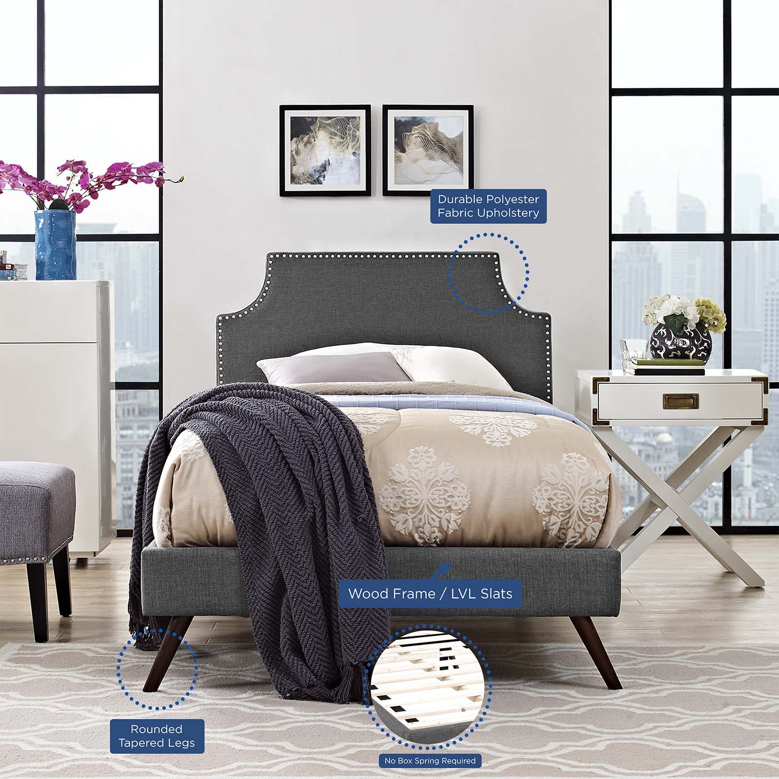 Modway Beds - Corene Twin Fabric Platform Bed with Round Splayed Legs Gray