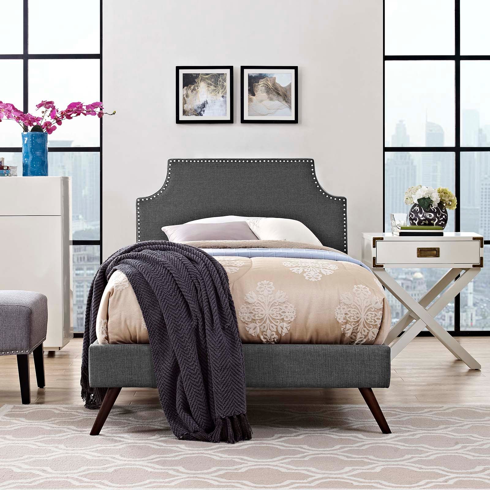 Modway Beds - Corene Twin Fabric Platform Bed with Round Splayed Legs Gray