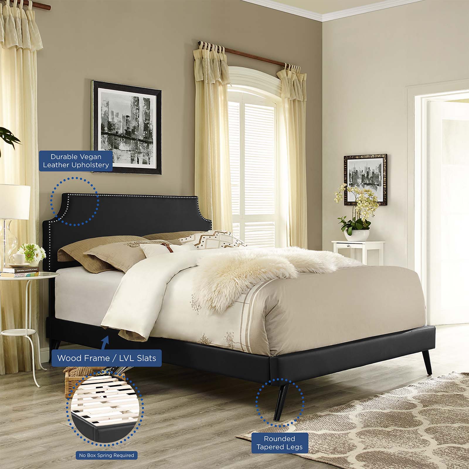 Modway Beds - Corene Queen Vinyl Platform Bed with Round Splayed Legs Black