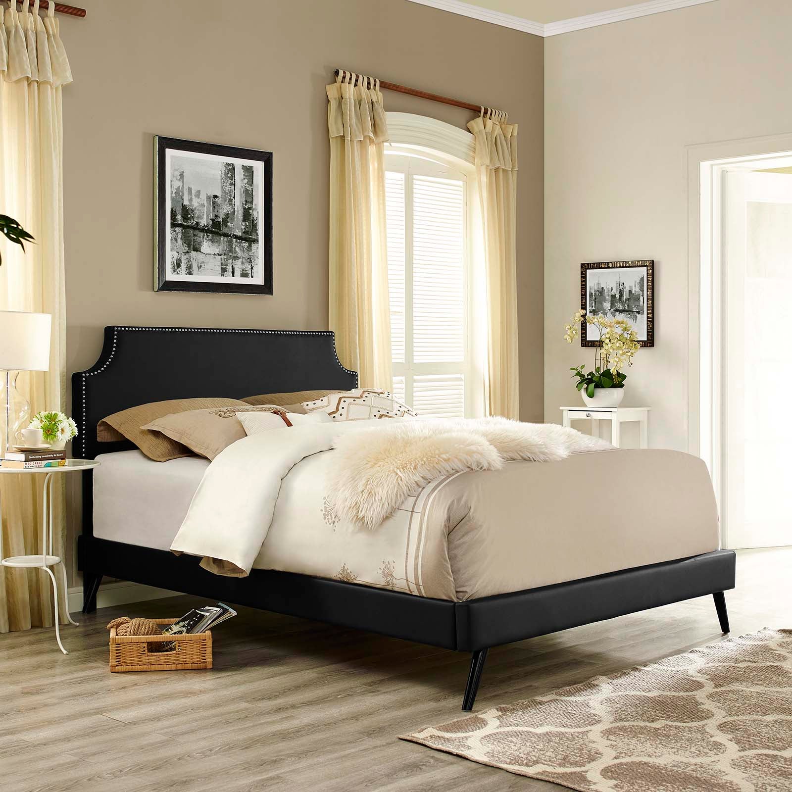 Modway Beds - Corene Queen Vinyl Platform Bed with Round Splayed Legs Black