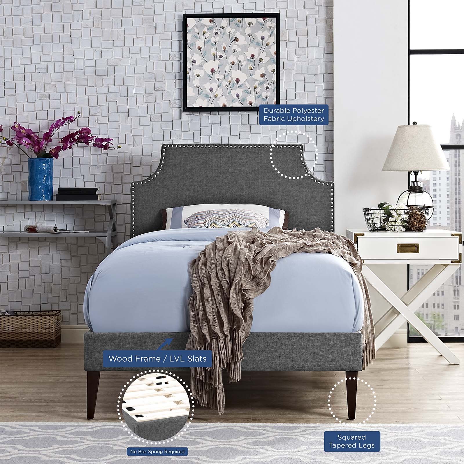Modway Beds - Corene Twin Fabric Platform Bed with Squared Tapered Legs Gray