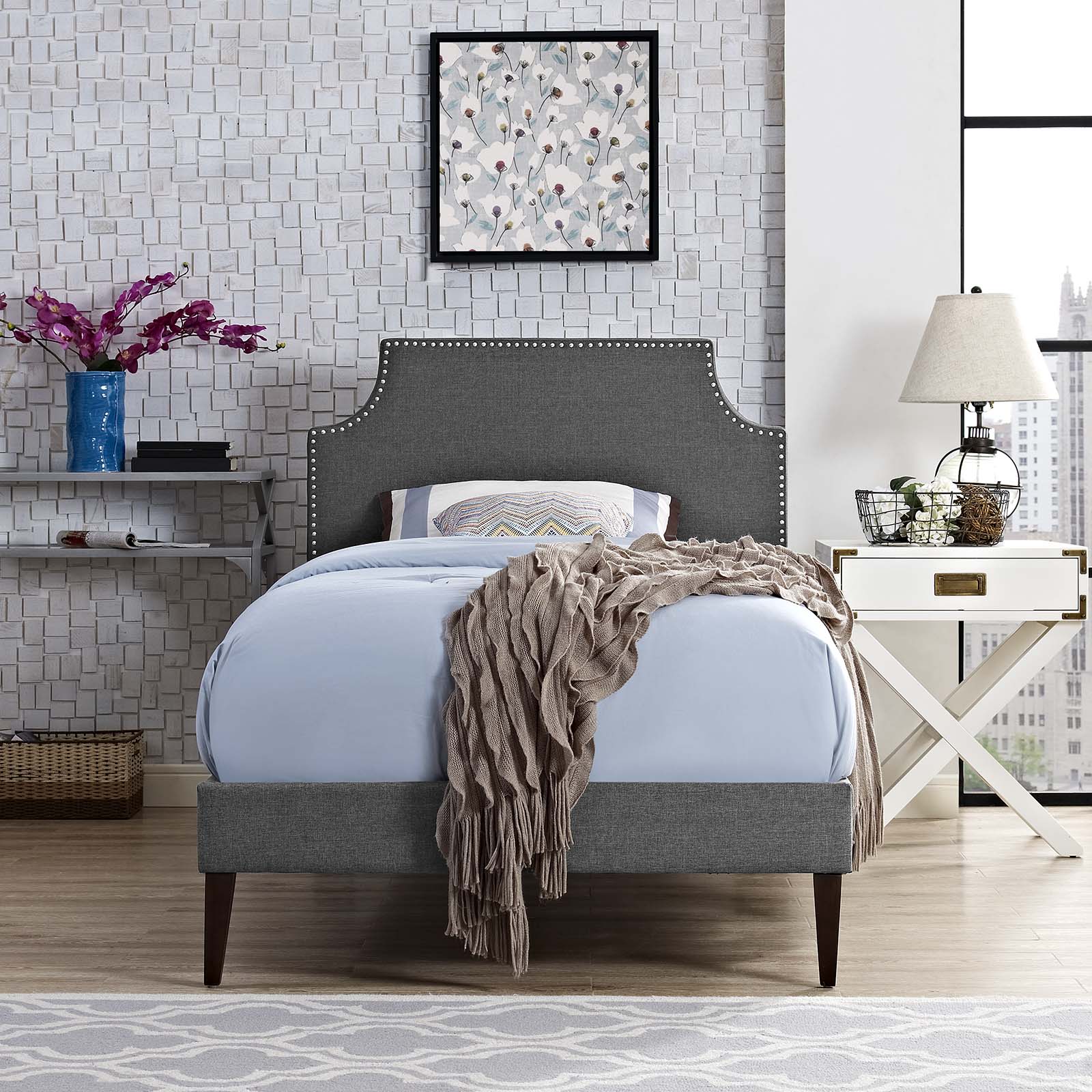Modway Beds - Corene Twin Fabric Platform Bed with Squared Tapered Legs Gray