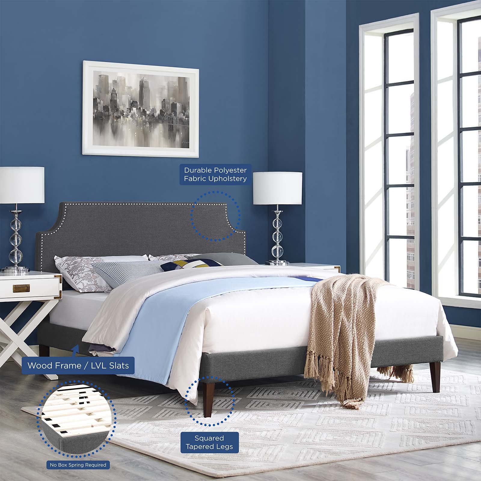 Modway Beds - Corene Full Fabric Platform Bed with Squared Tapered Legs Gray
