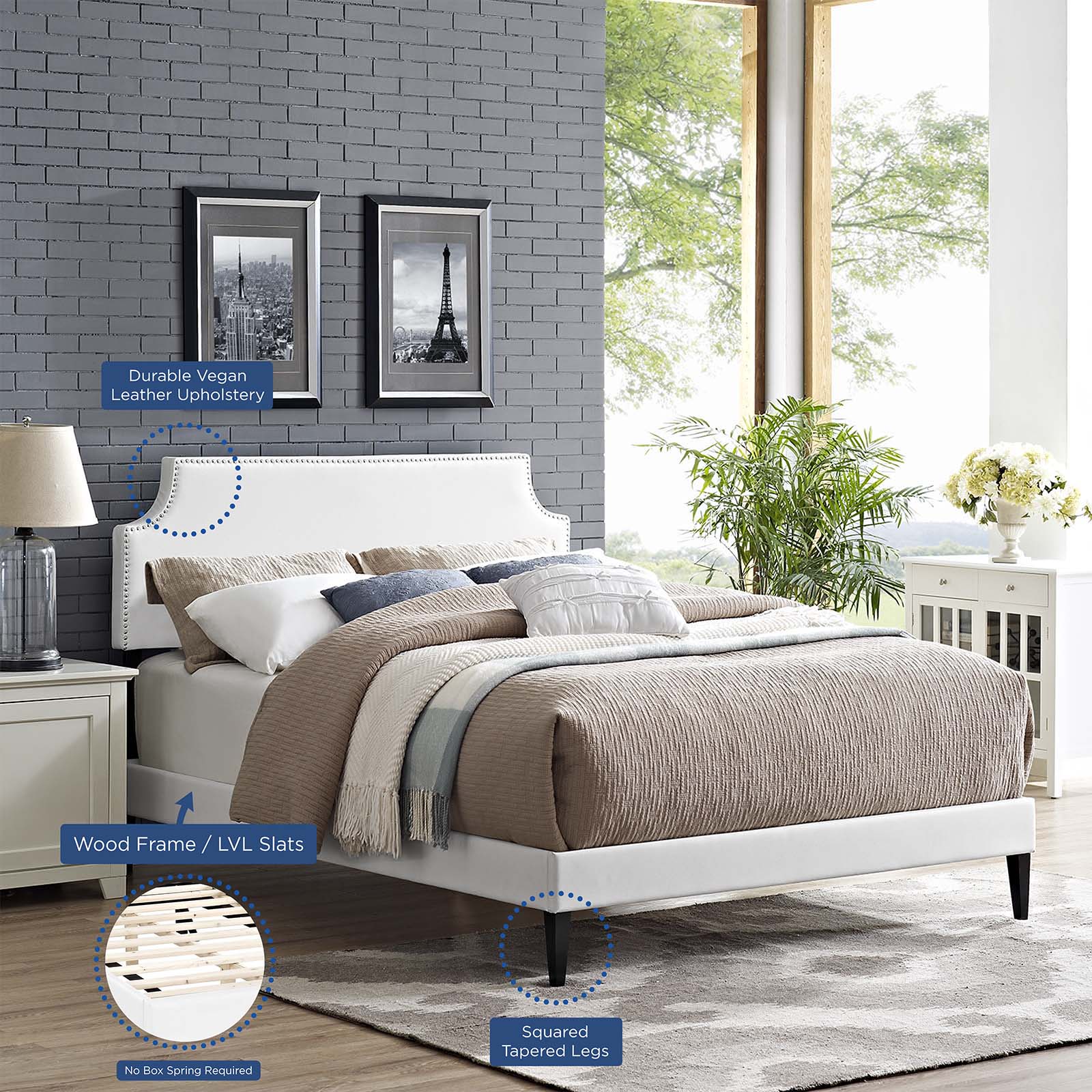 Modway Beds - Corene Queen Vinyl Platform Bed with Squared Tapered Legs White