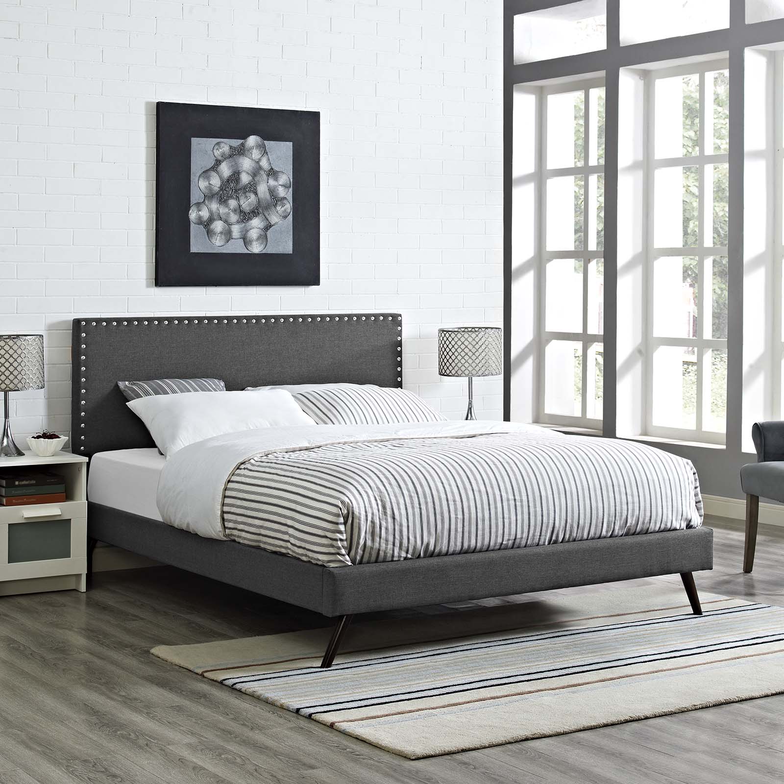 Modway Beds - Macie Queen Fabric Platform Bed with Round Splayed Legs Gray