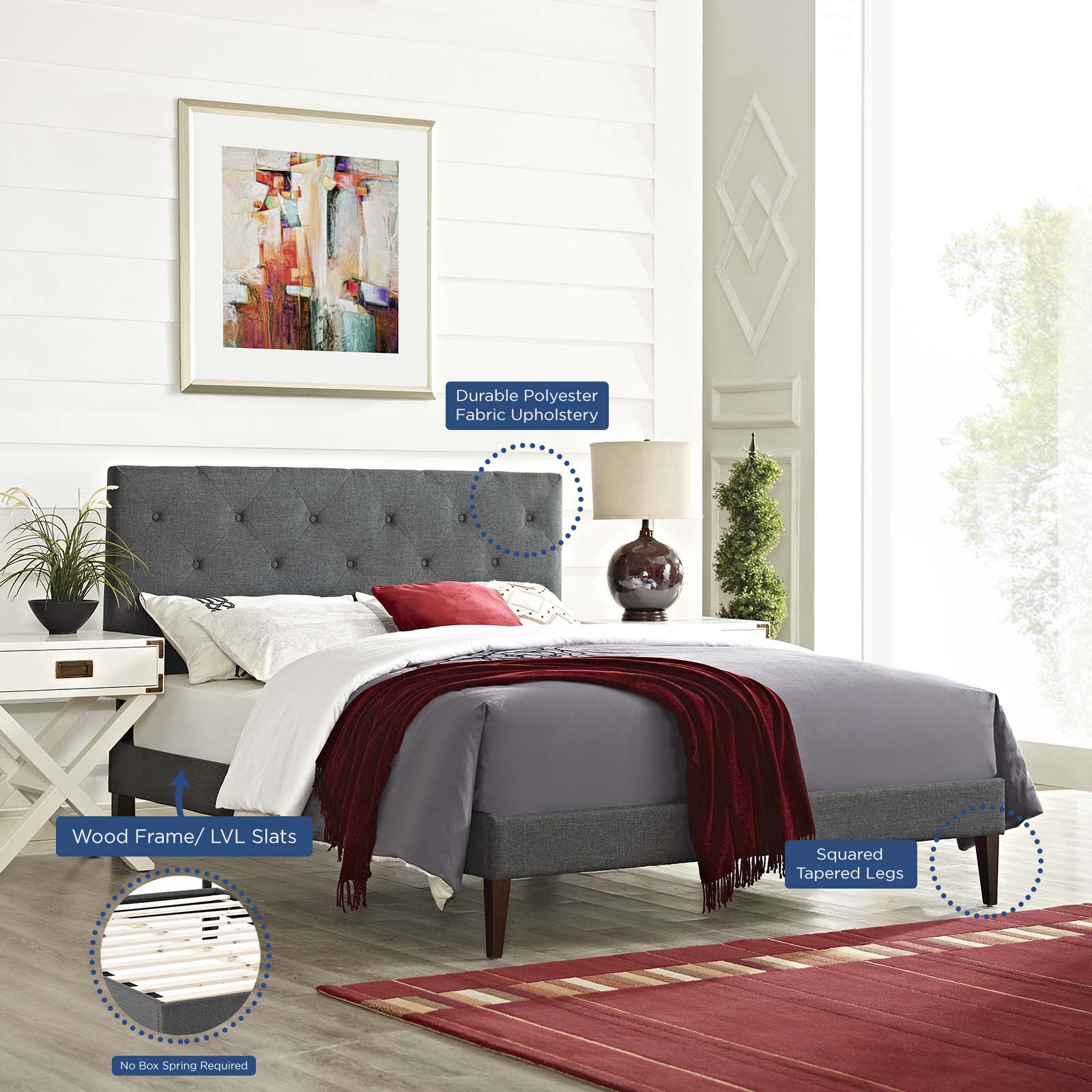 Modway Beds - Tarah King Fabric Platform Bed with Squared Tapered Legs Gray