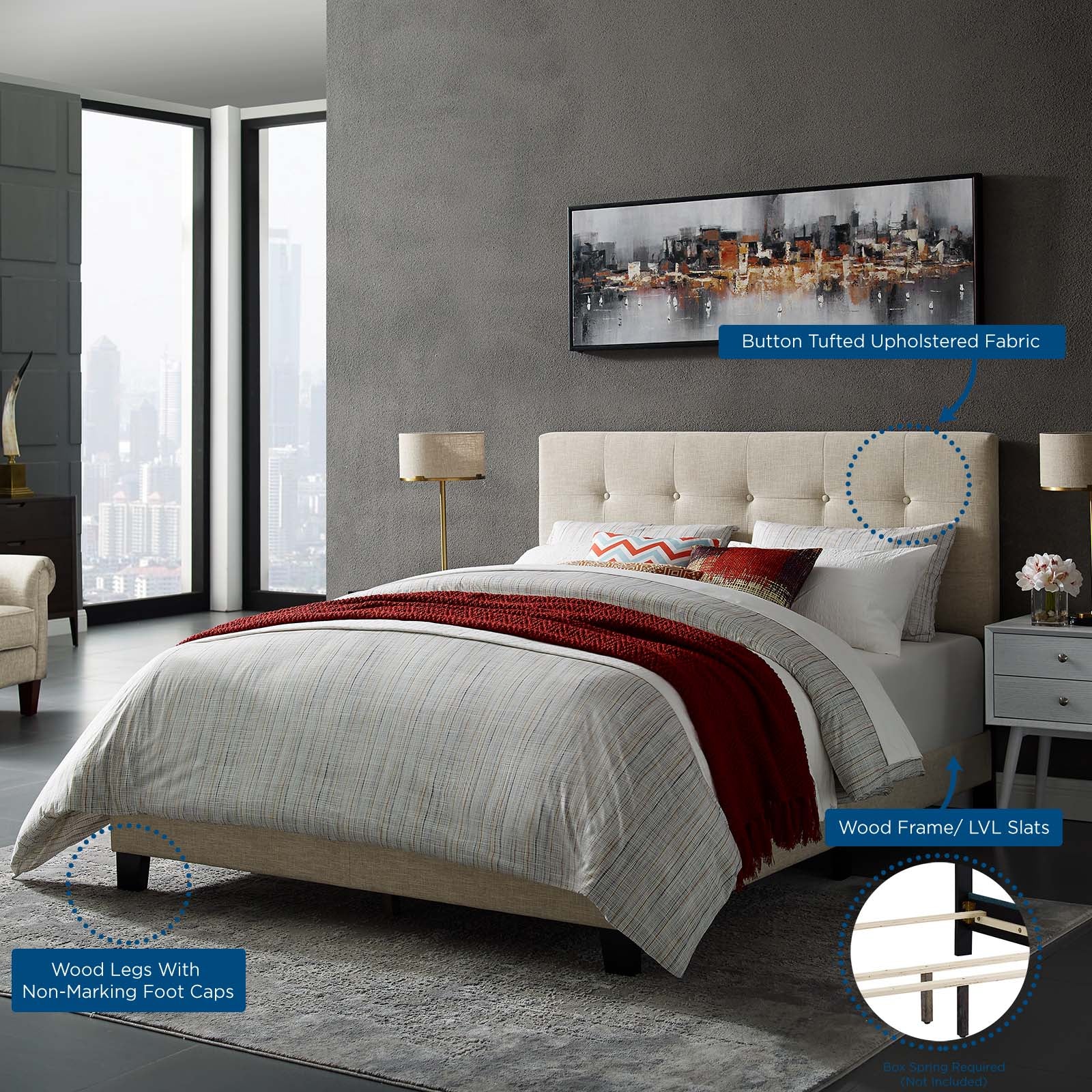 Modway Beds - Amira Queen Upholstered Fabric Bed Beige