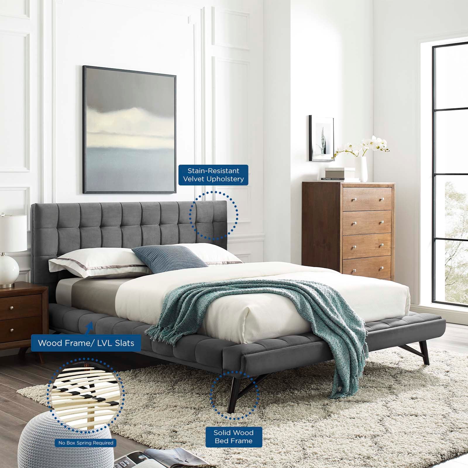 Modway Beds - Julia Velvet Queen Bed Gray