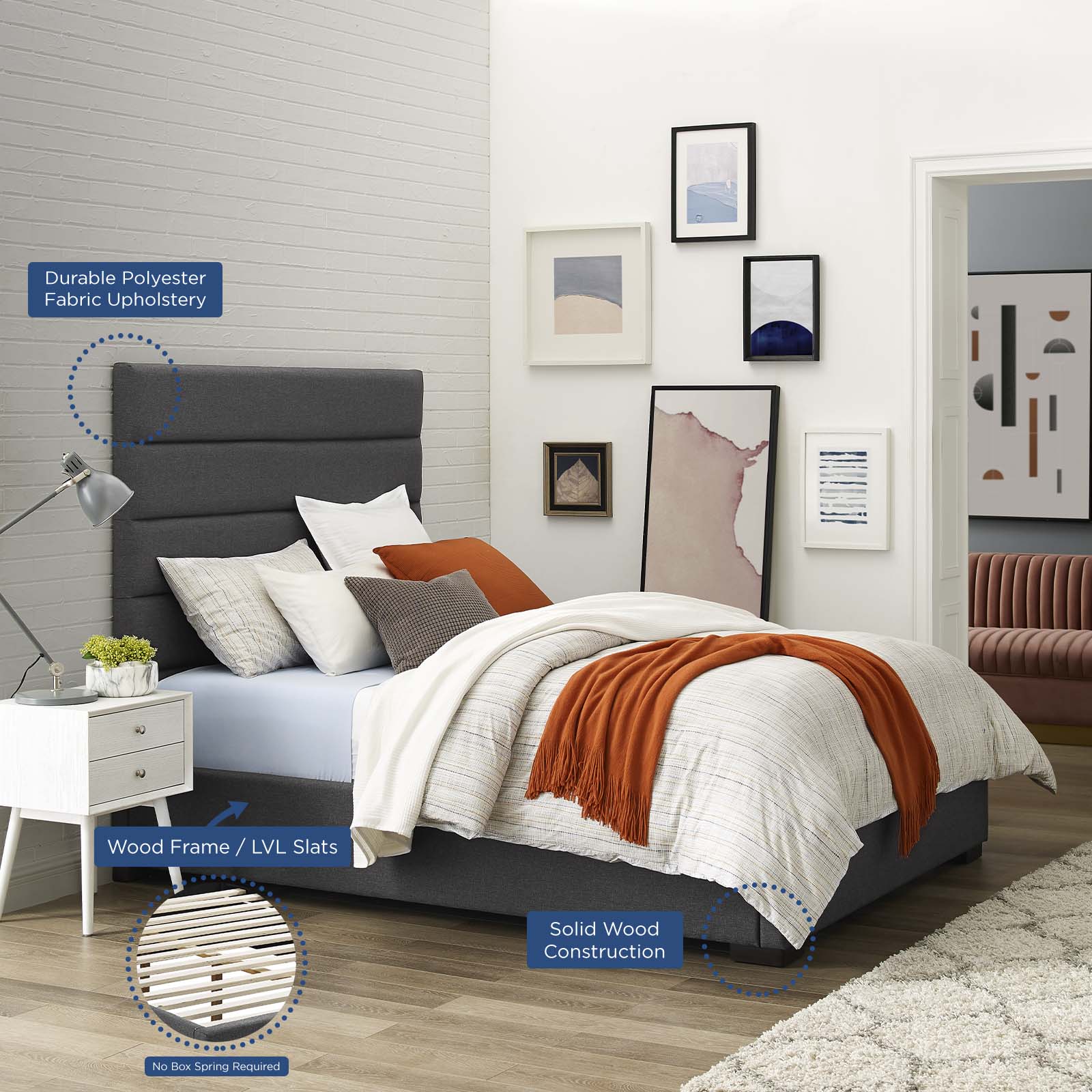 Modway Beds - Genevieve Queen Upholstered Fabric Platform Bed Gray