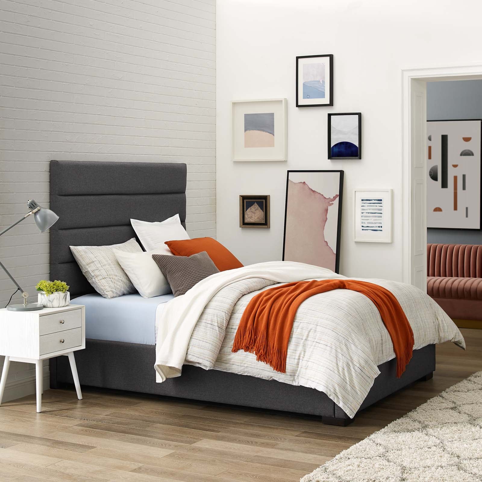 Modway Beds - Genevieve Queen Upholstered Fabric Platform Bed Gray