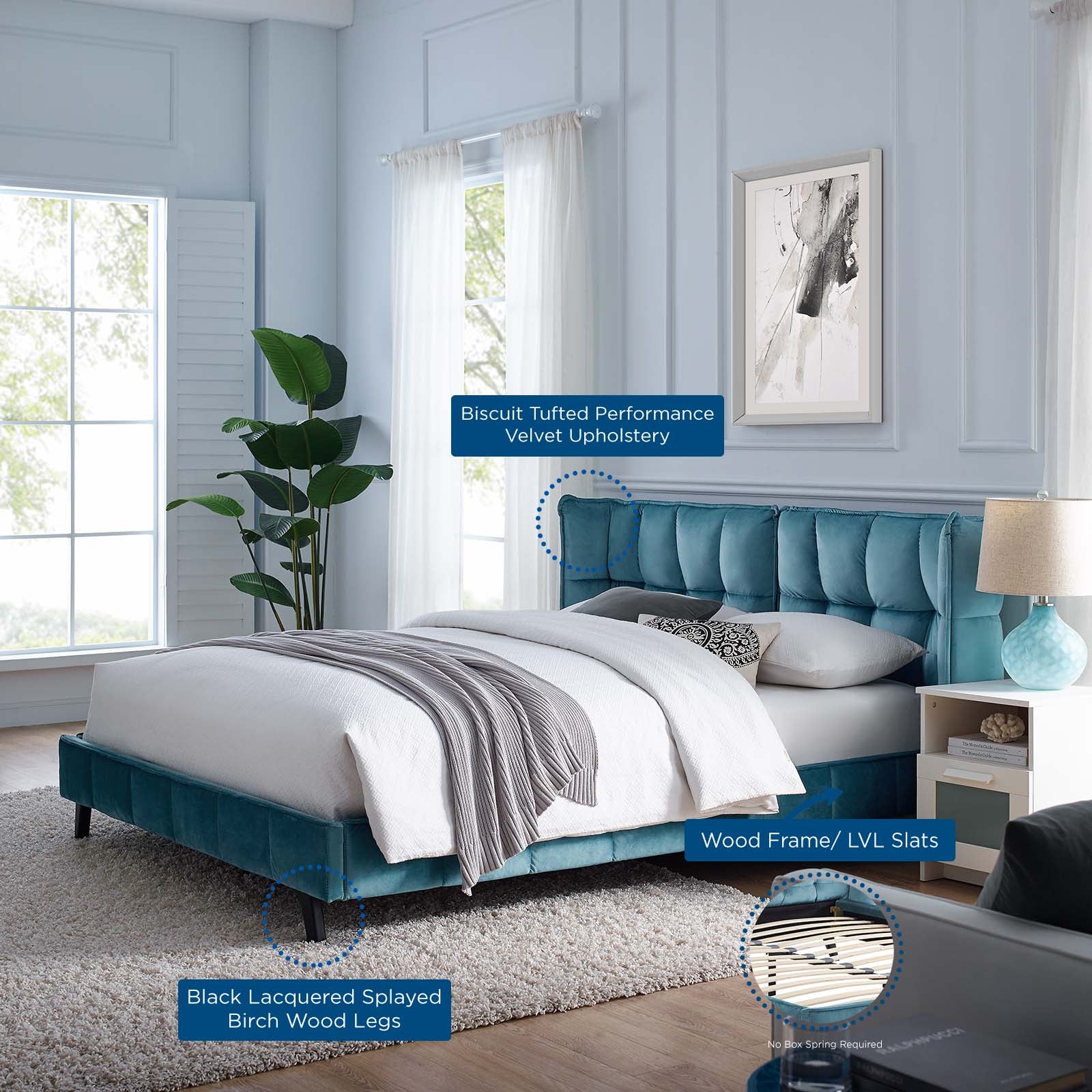 Modway Beds - Makenna Queen Performance Velvet Platform Bed Sea