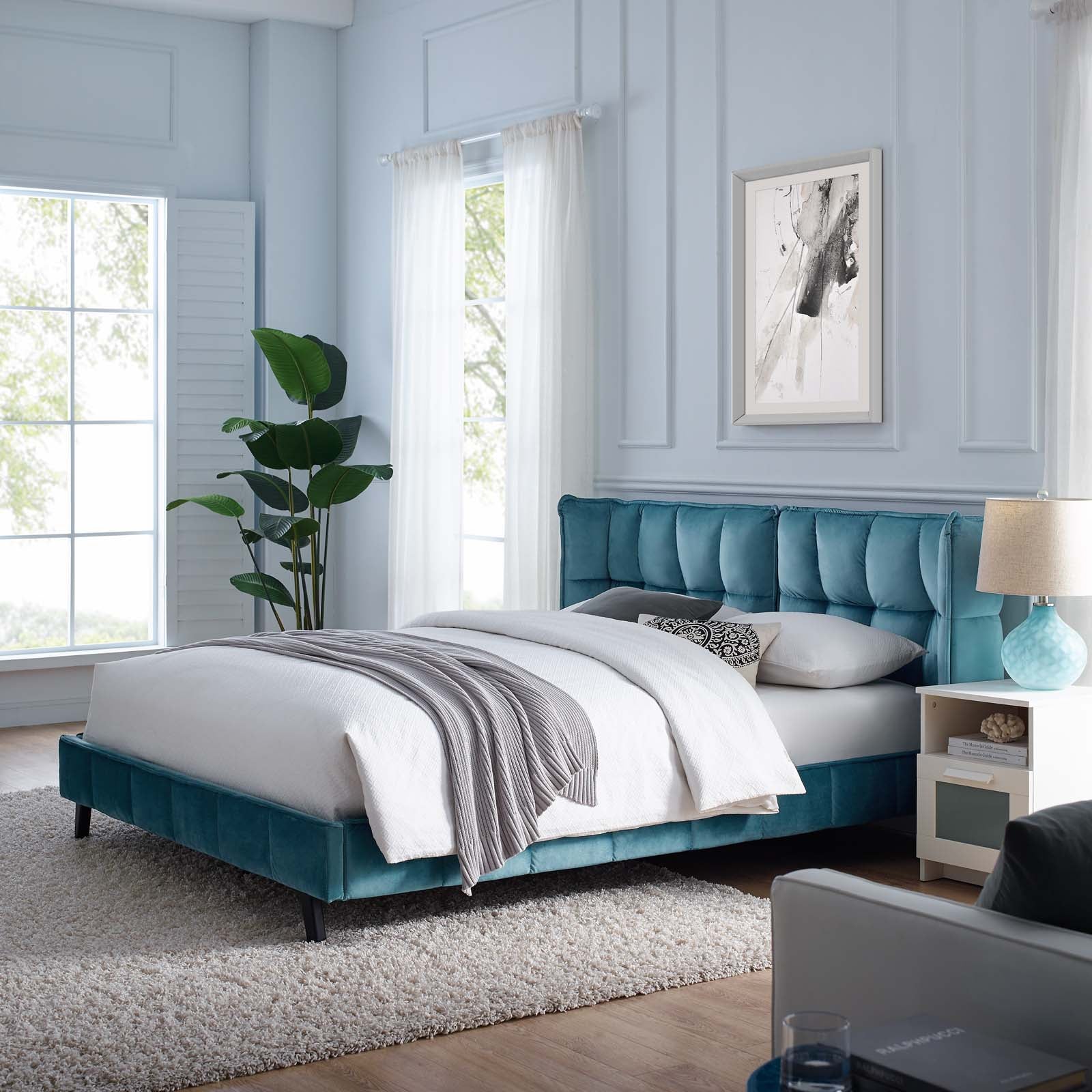 Modway Beds - Makenna Queen Performance Velvet Platform Bed Sea
