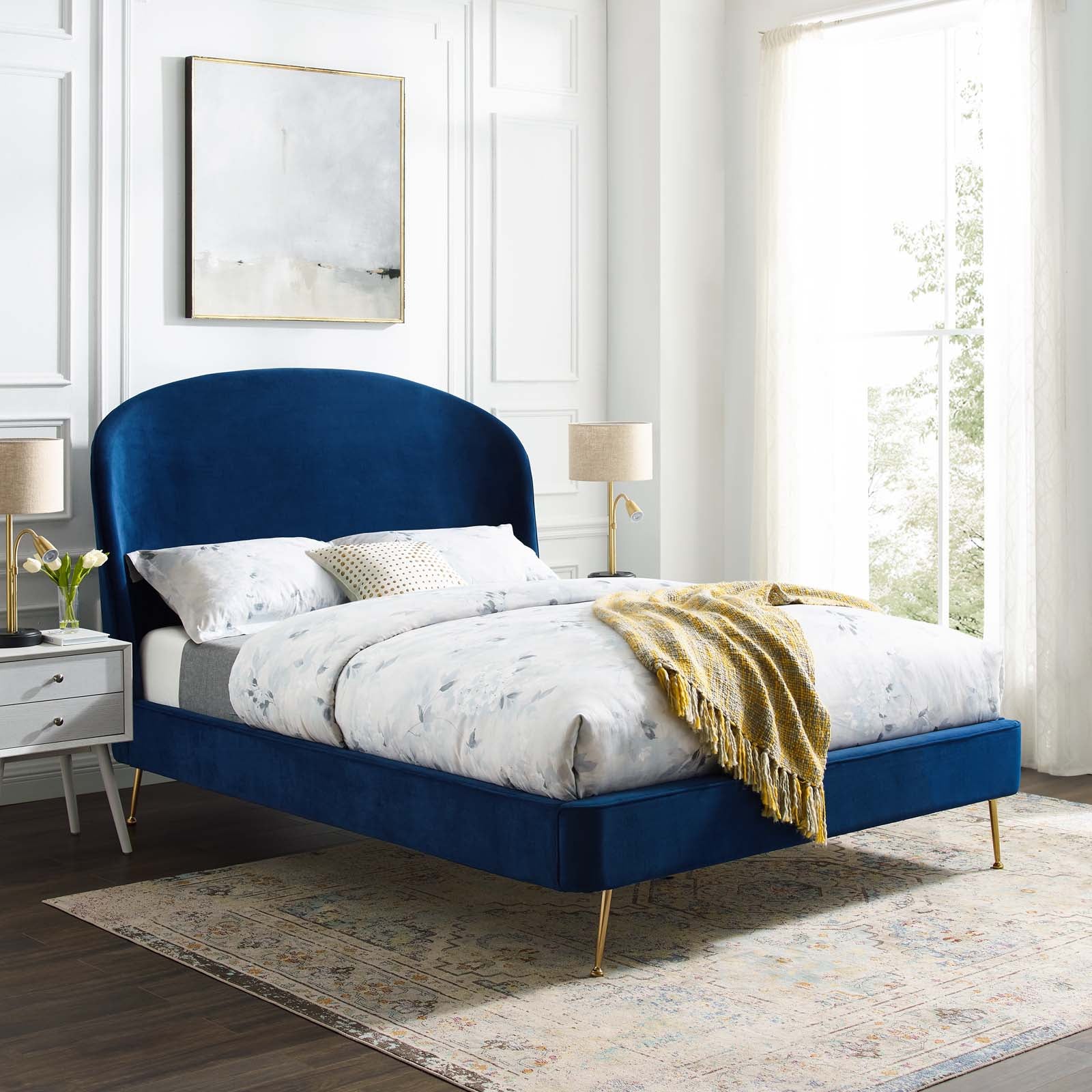 Modway Beds - Mira Upholstered Performance Velvet Queen Platform Bed Navy