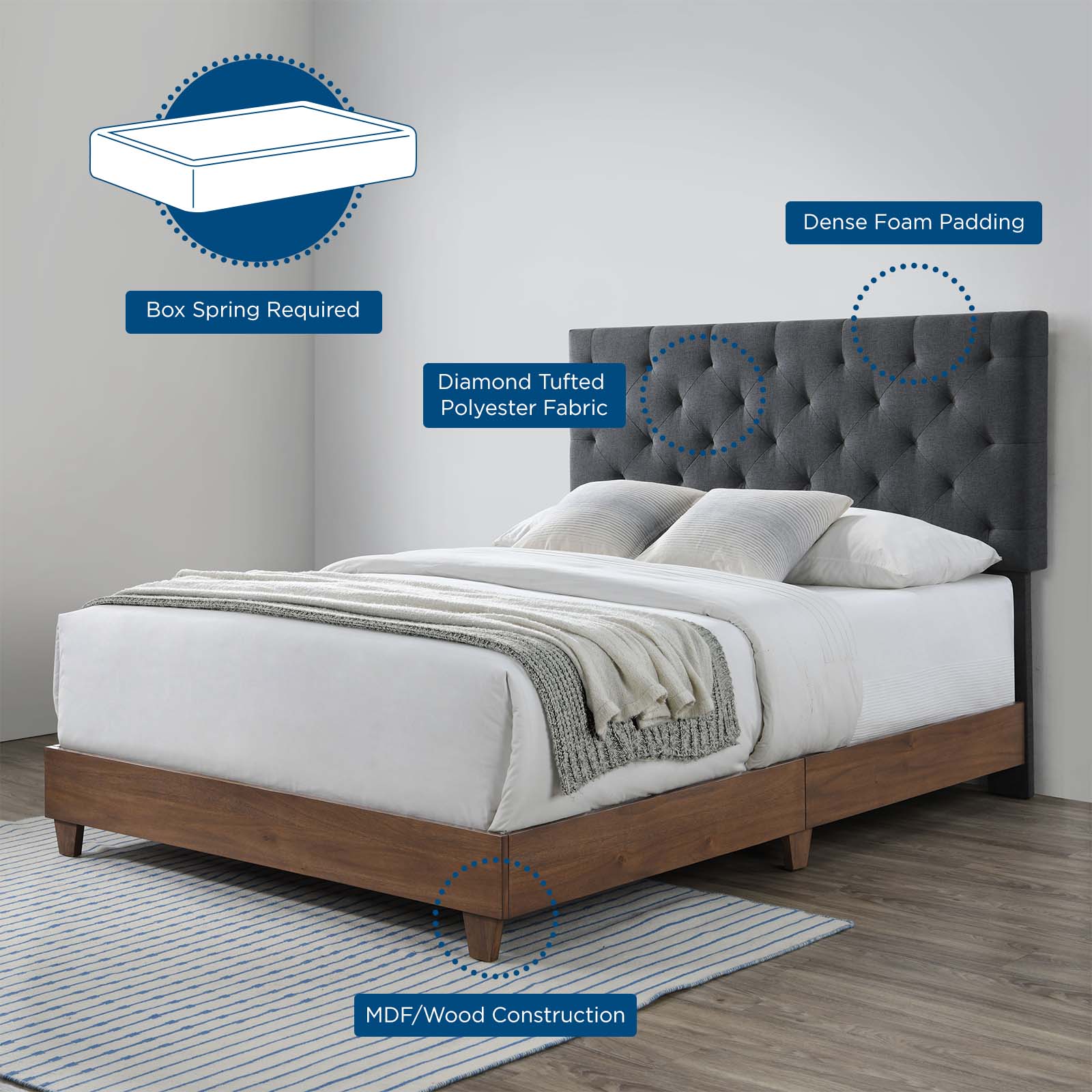 Modway Beds - Rhiannon Diamond Tufted Upholstered Fabric Queen Bed Walnut Gray