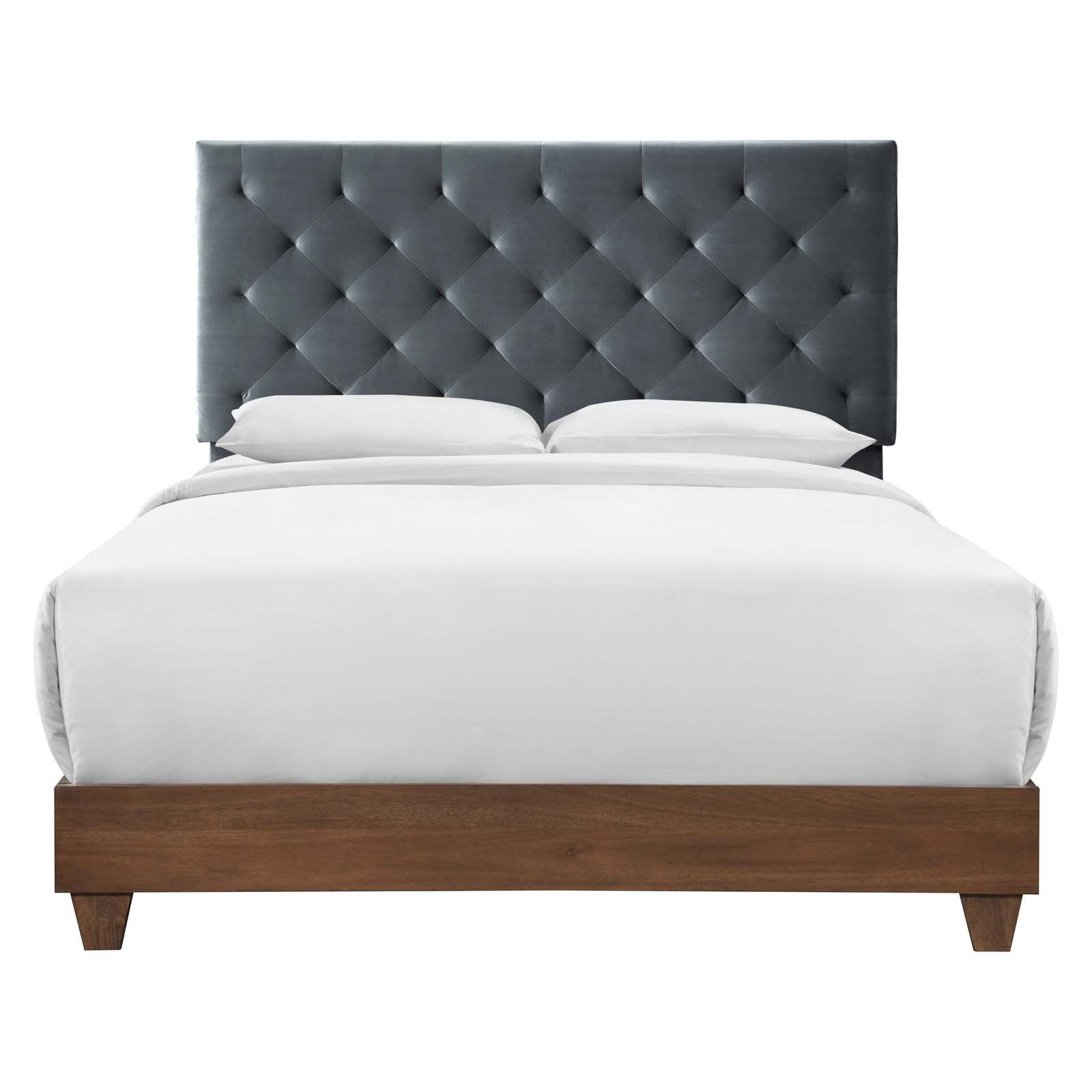 Modway Beds - Rhiannon Velvet Queen Bed Walnut & Charcoal