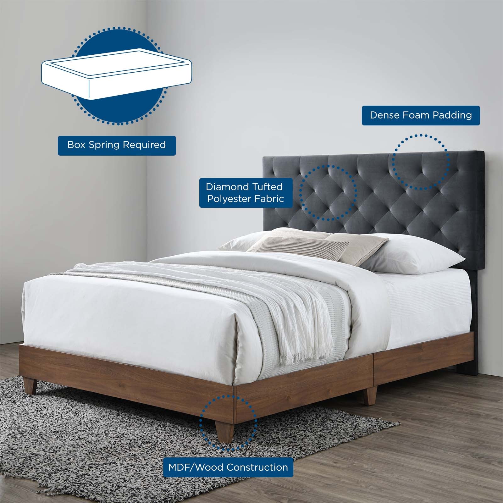 Modway Beds - Rhiannon Velvet Queen Bed Walnut & Charcoal