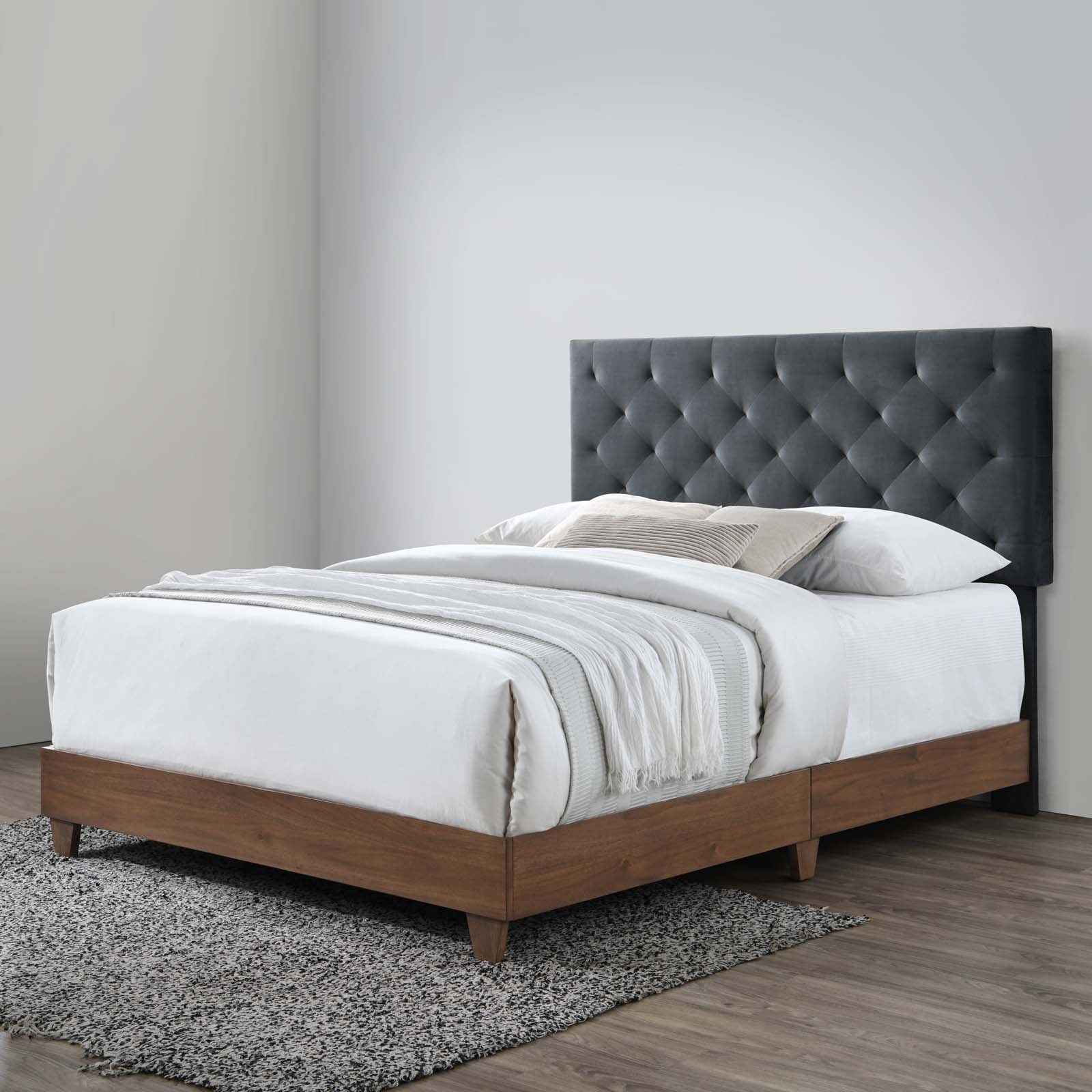 Modway Beds - Rhiannon Velvet Queen Bed Walnut & Charcoal