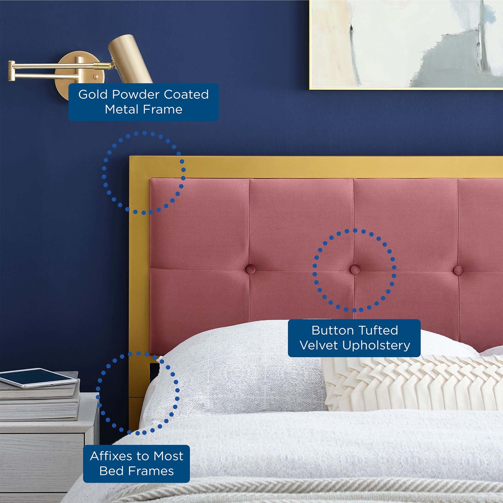 Modway Headboards - Teagan Tufted King Headboard Gold Dusty Rose