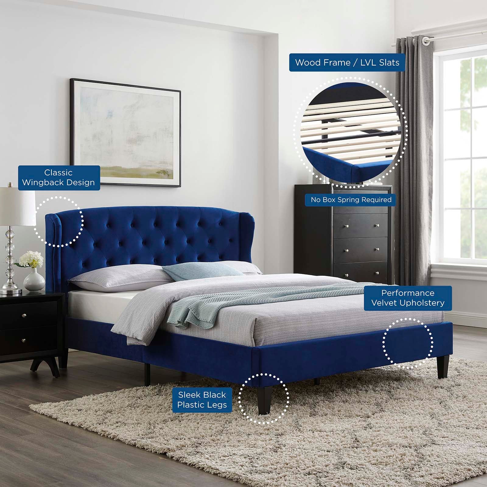 Modway Beds - Penelope Velvet Queen Bed Navy