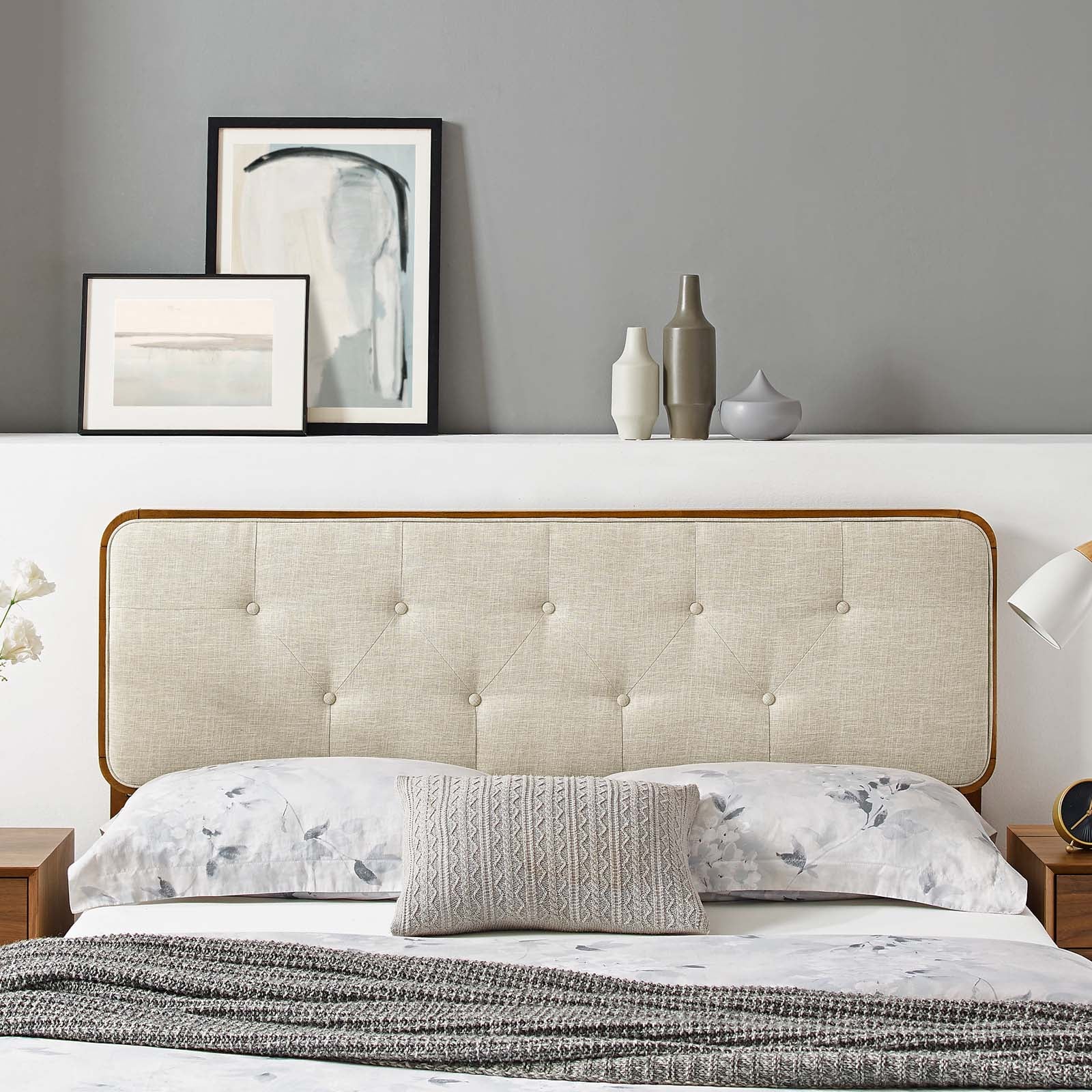 Modway Headboards - Collins Tufted Queen Fabric and Wood Headboard Walnut Beige