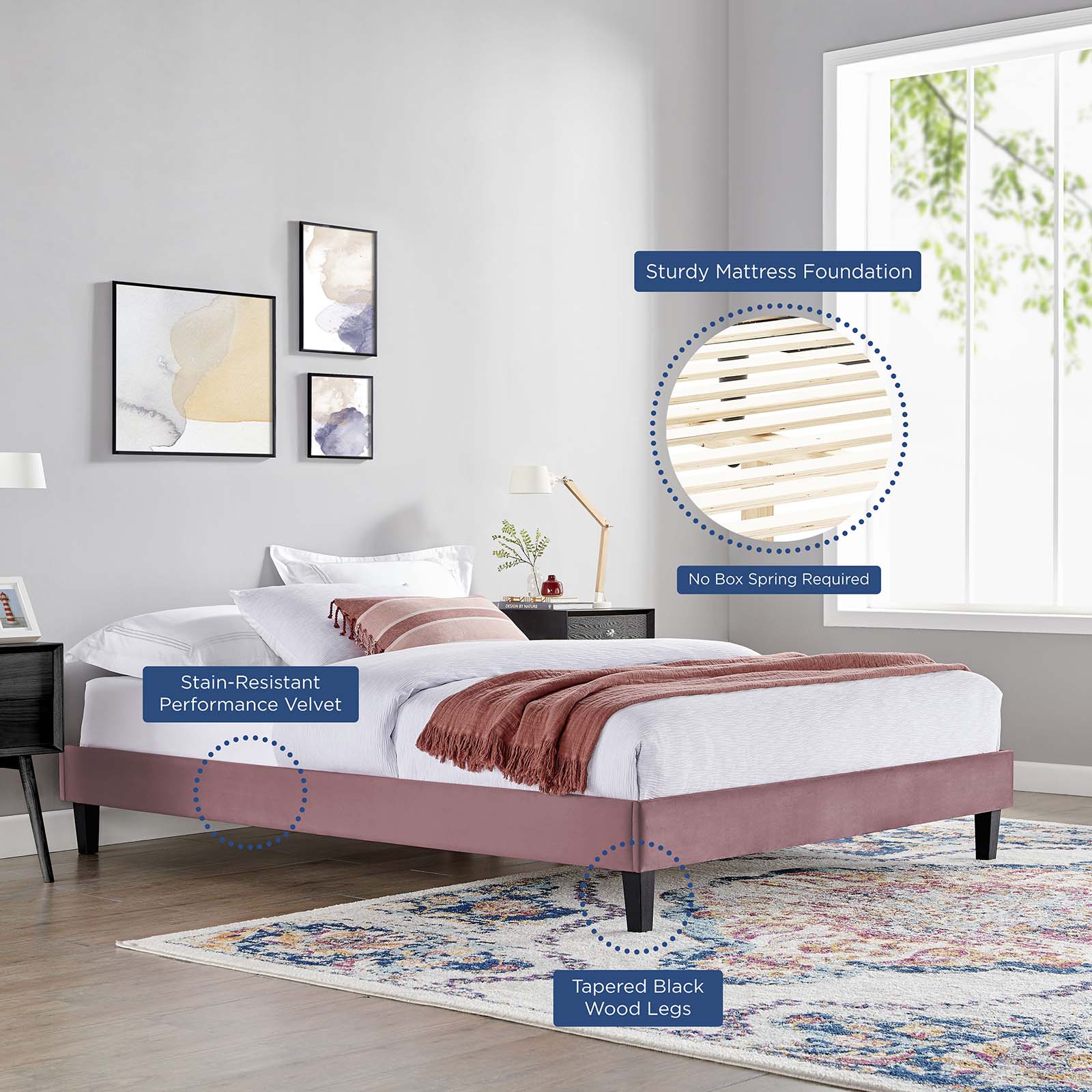Modway Beds - Reign Full Performance Velvet Platform Bed Frame Dusty Rose