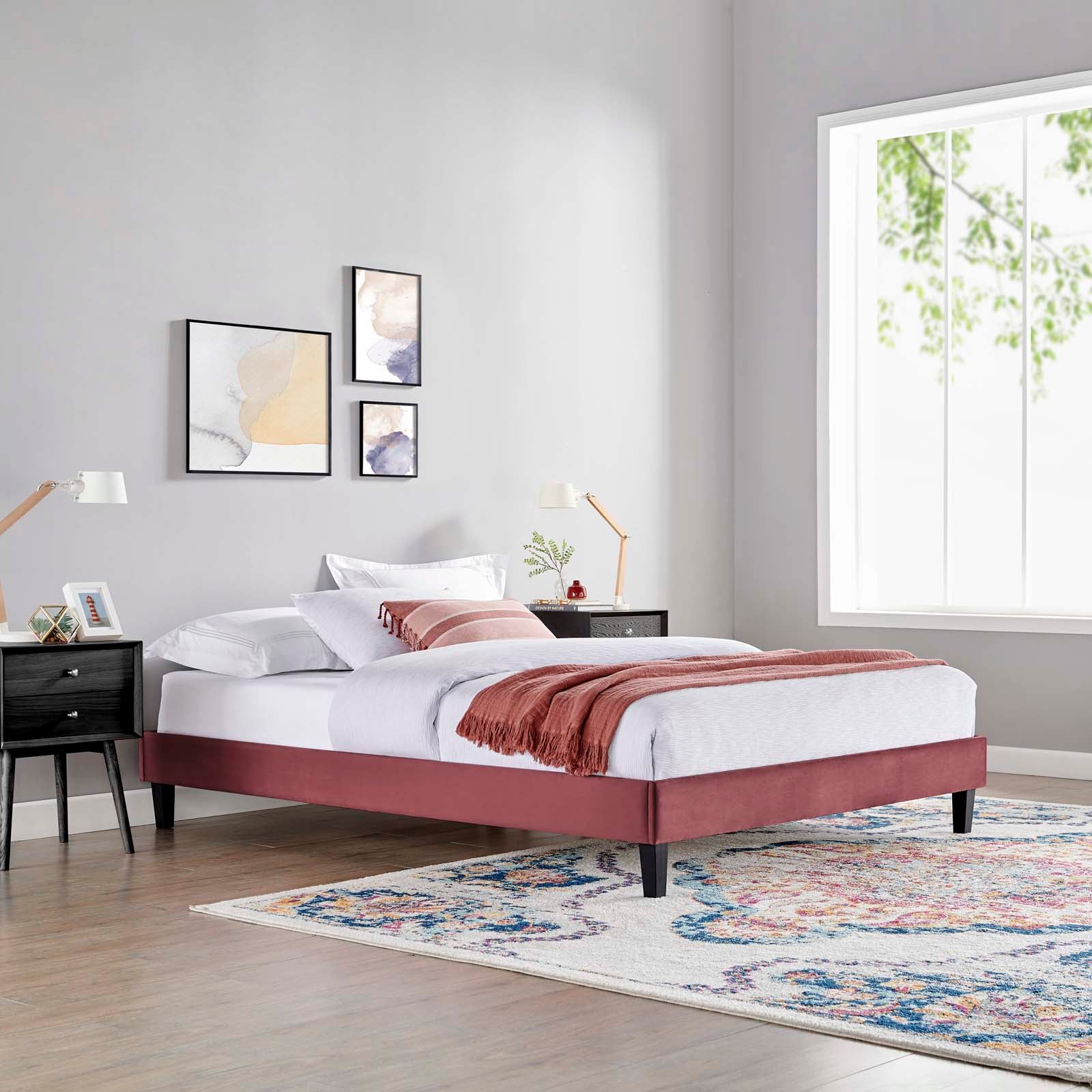 Modway Beds - Reign Full Performance Velvet Platform Bed Frame Dusty Rose