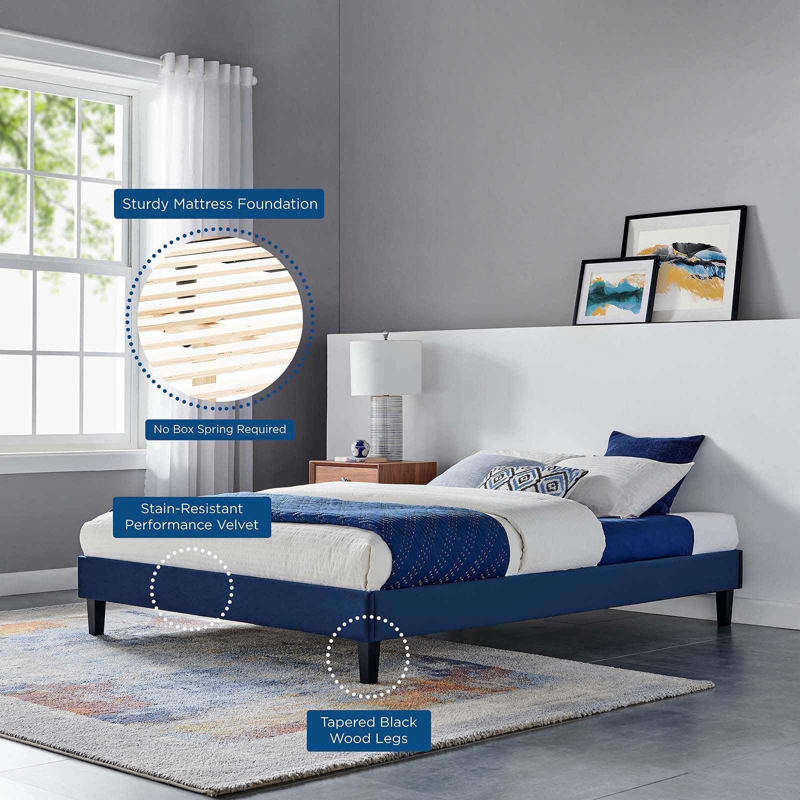 Modway Beds - Reign Full Performance Velvet Platform Bed Frame Navy