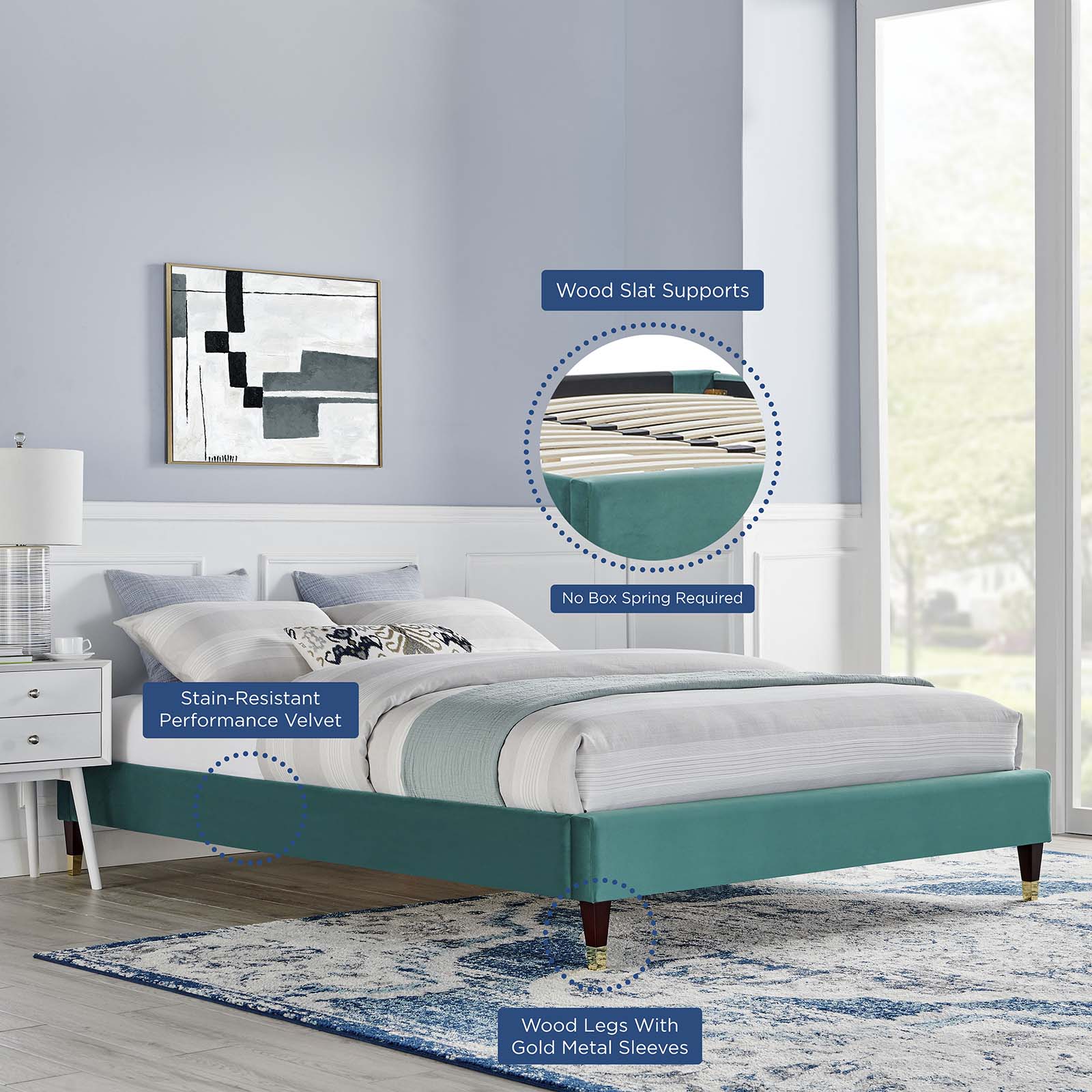Modway Beds - Harlow Twin Performance Velvet Platform Bed Frame Teal