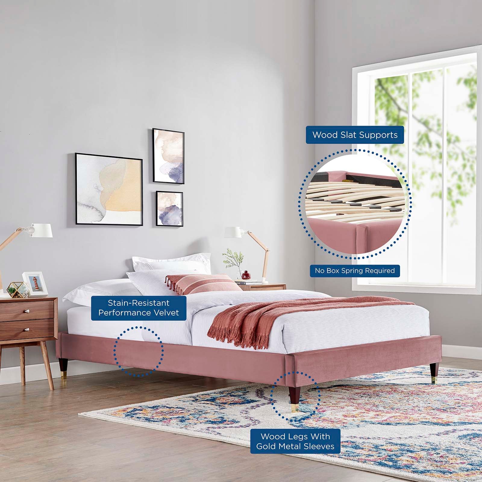 Modway Beds - Harlow King Performance Velvet Platform Bed Frame Dusty Rose