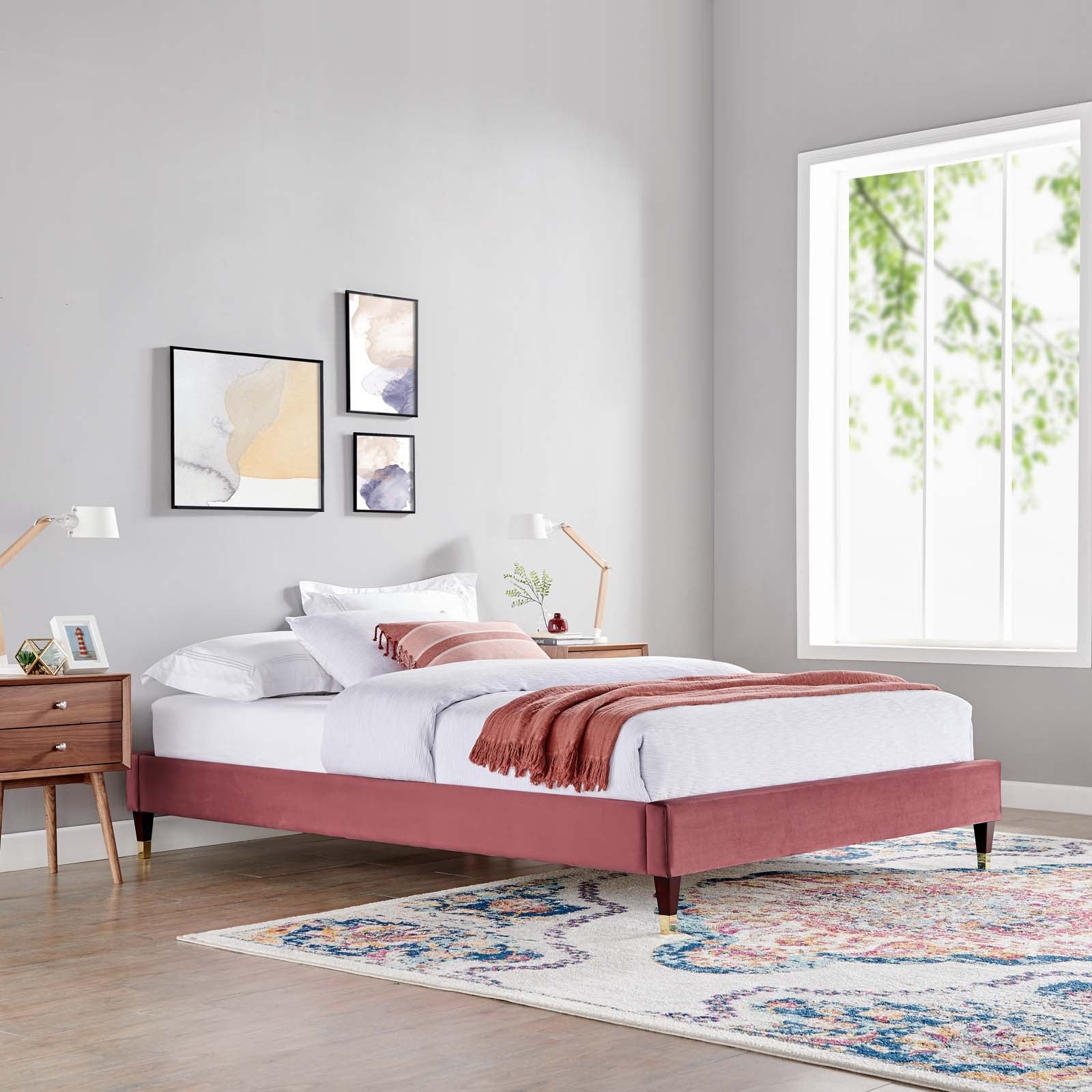 Modway Beds - Harlow King Performance Velvet Platform Bed Frame Dusty Rose