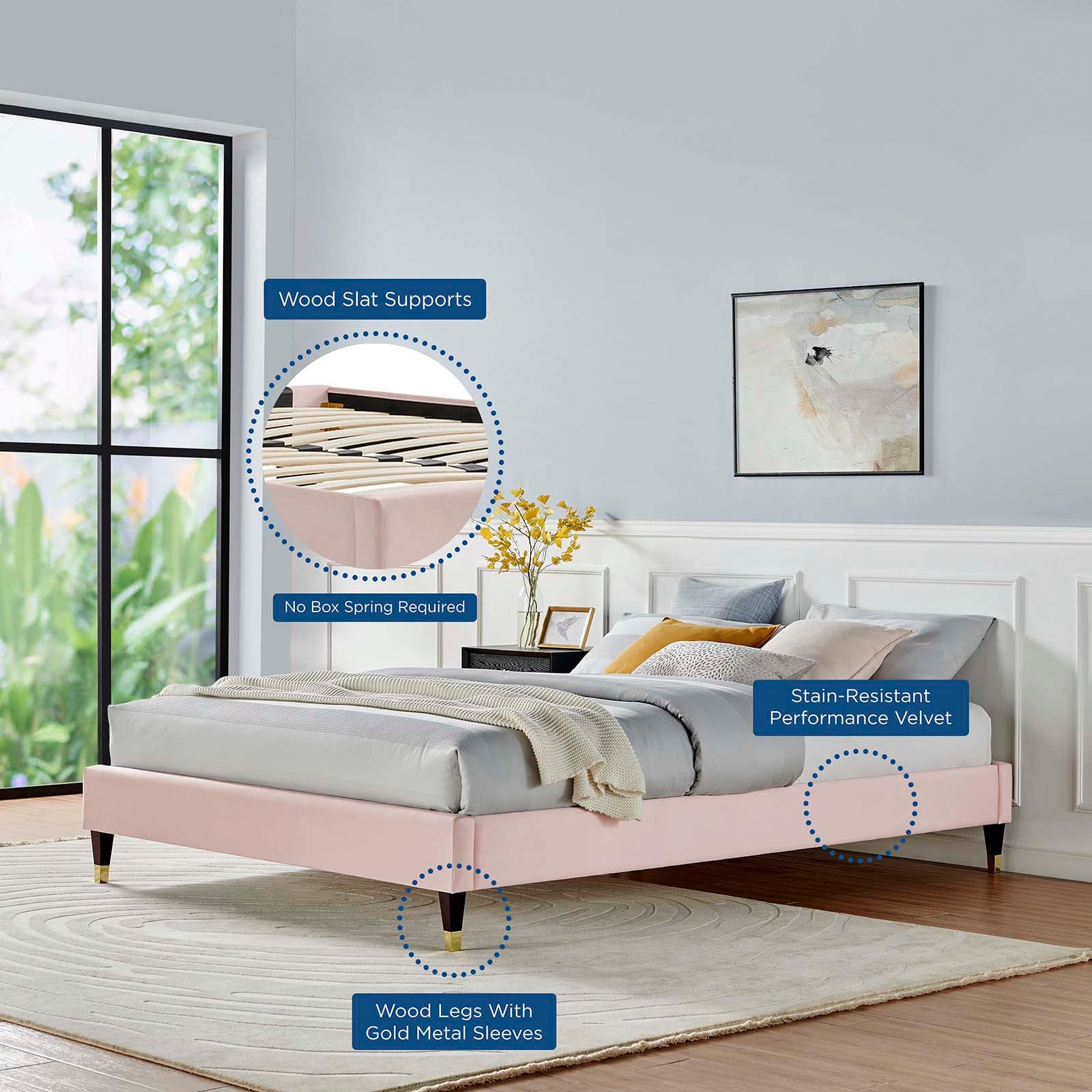 Modway Beds - Harlow King Performance Velvet Platform Bed Frame Pink