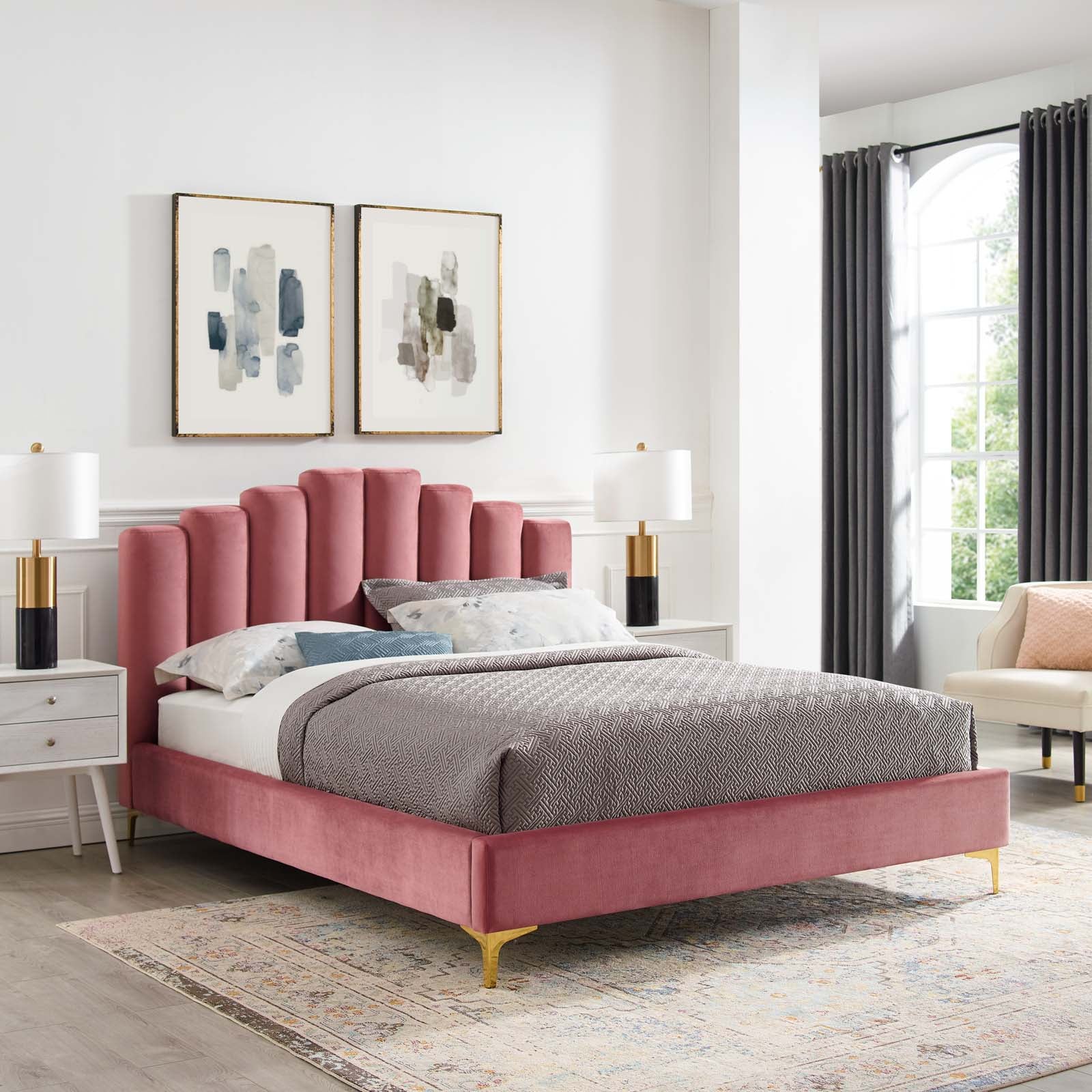 Modway Beds - Olivia Queen Performance Velvet Platform Bed Dusty Rose