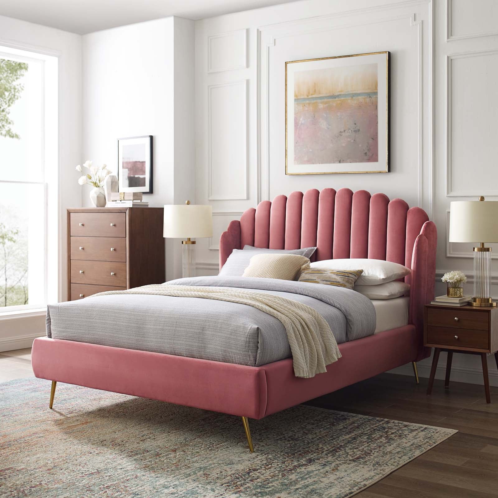 Modway Beds - Lana Queen Performance Velvet Wingback Platform Bed Dusty Rose