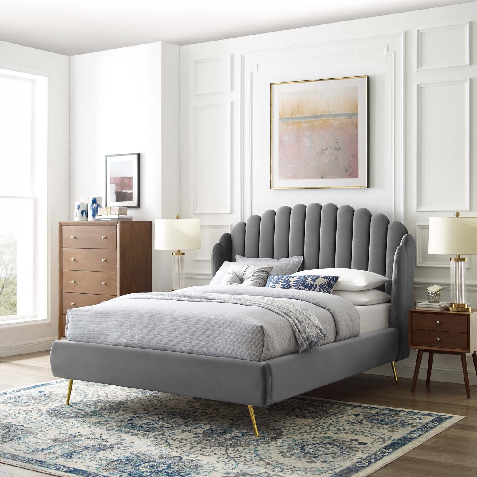Modway Beds - Lana Queen Performance Velvet Wingback Platform Bed Gray