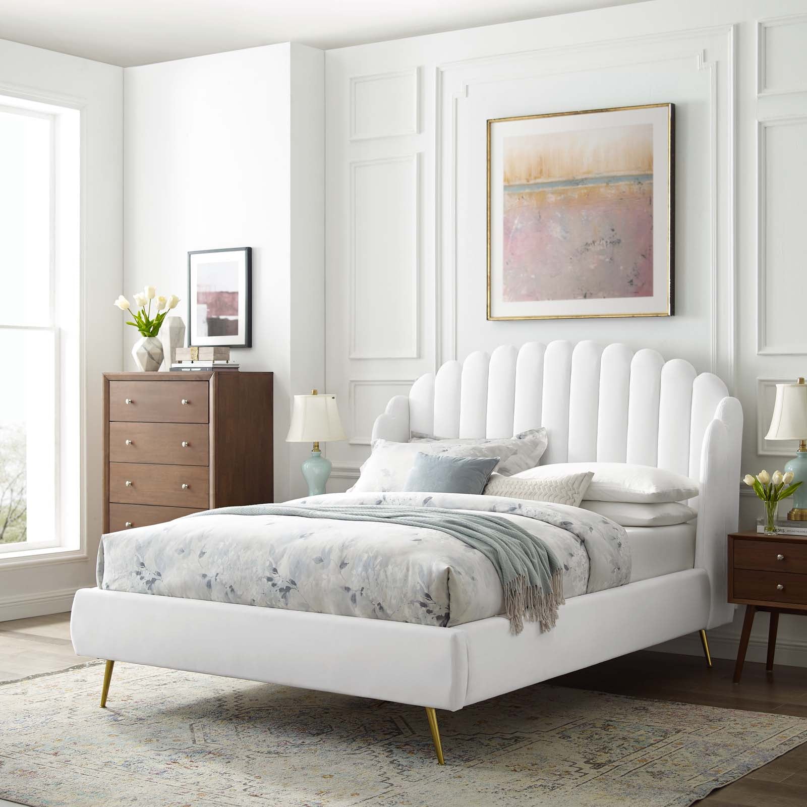 Modway Beds - Lana Queen Performance Velvet Wingback Platform Bed White