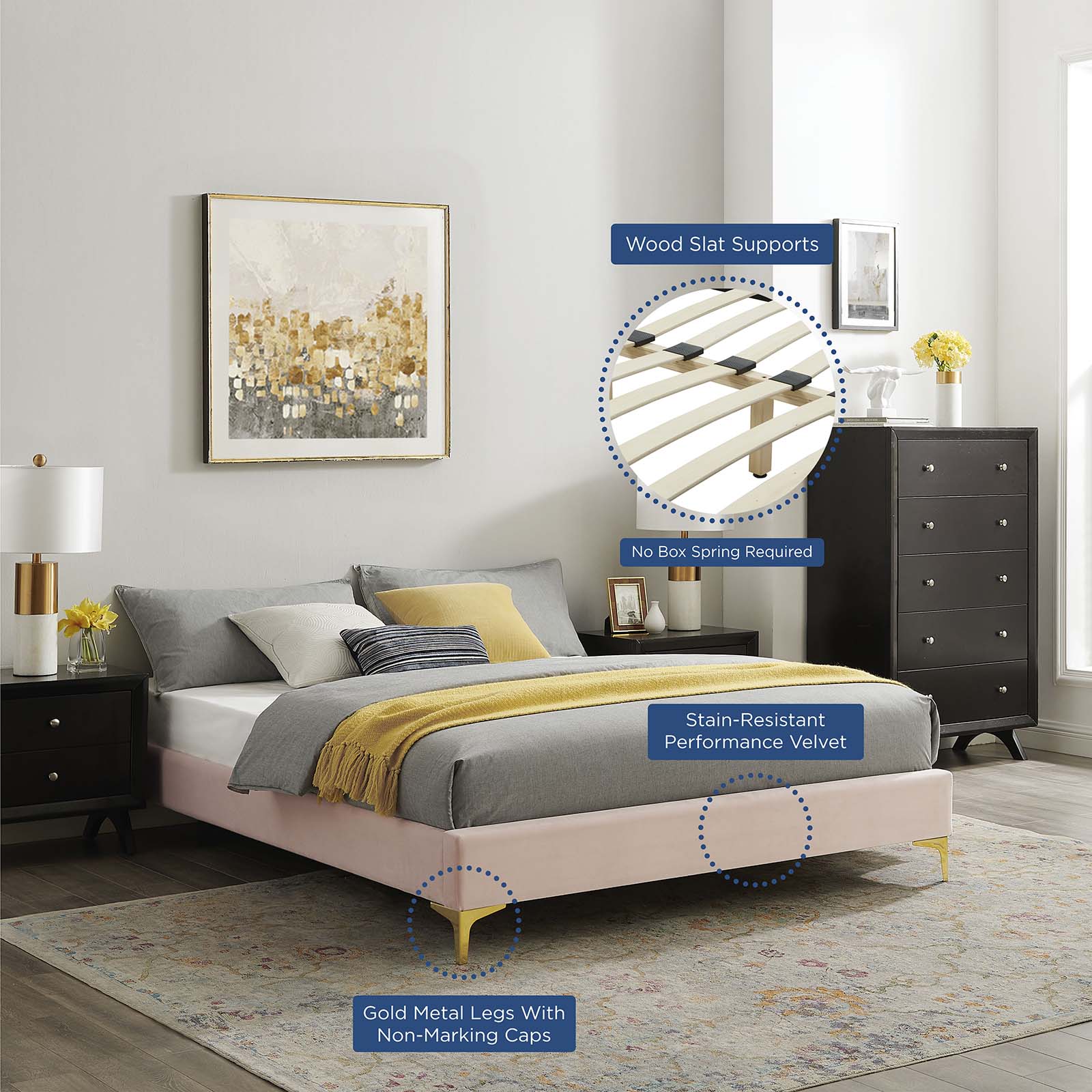 Modway Beds - Sutton King Performance Velvet Bed Frame Pink