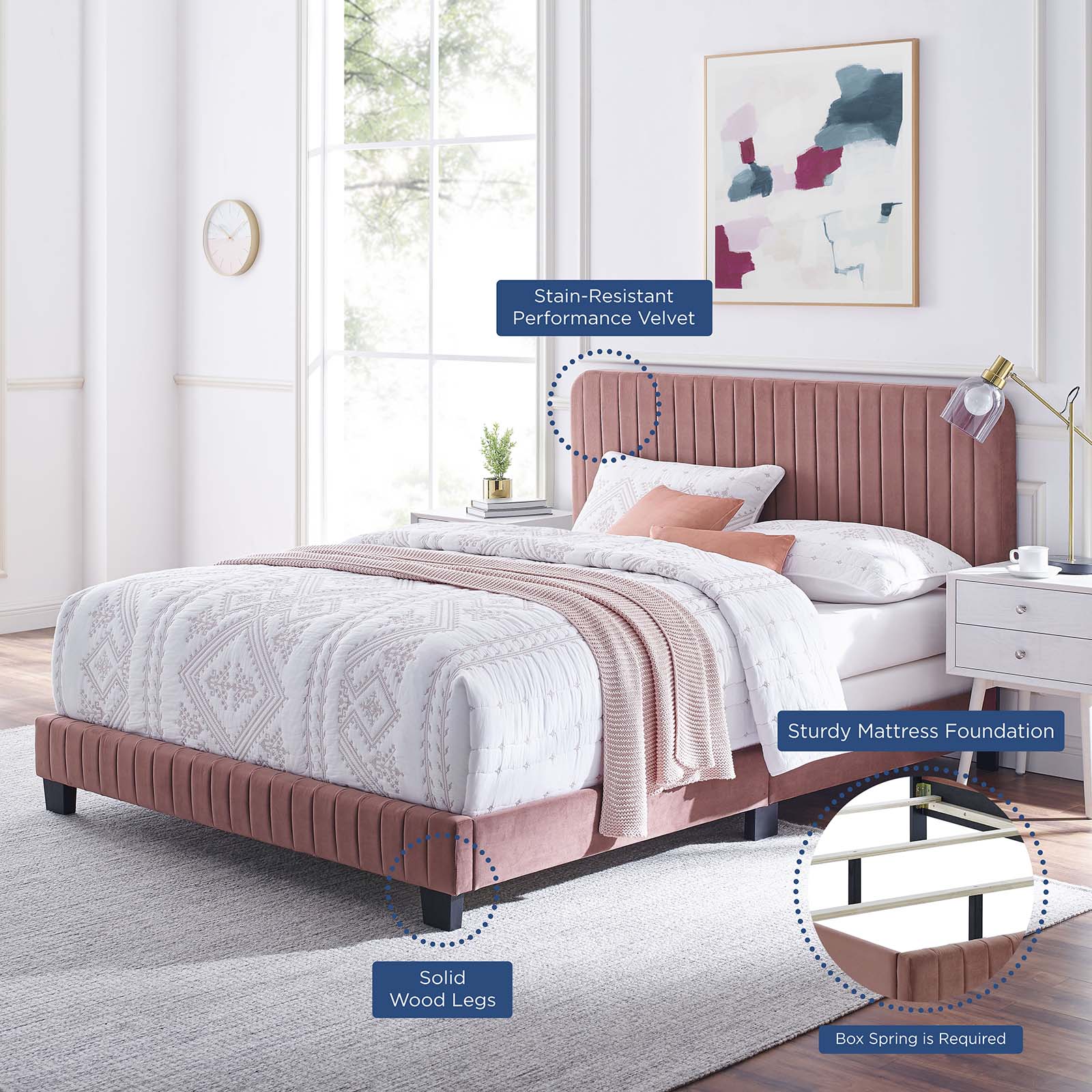 Modway Beds - Celine Channel Tufted Performance Velvet King Bed Dusty Rose