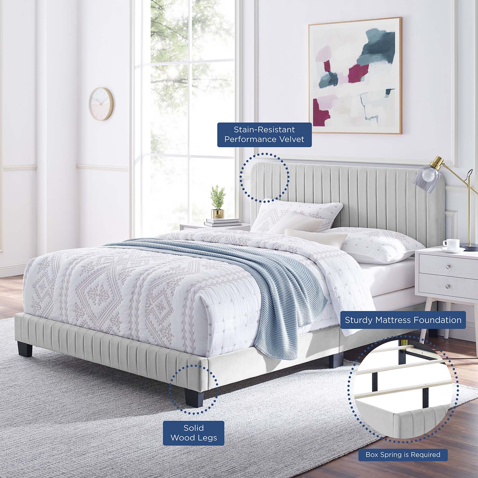 Modway Beds - Celine Channel Tufted Performance Velvet King Bed Light Gray
