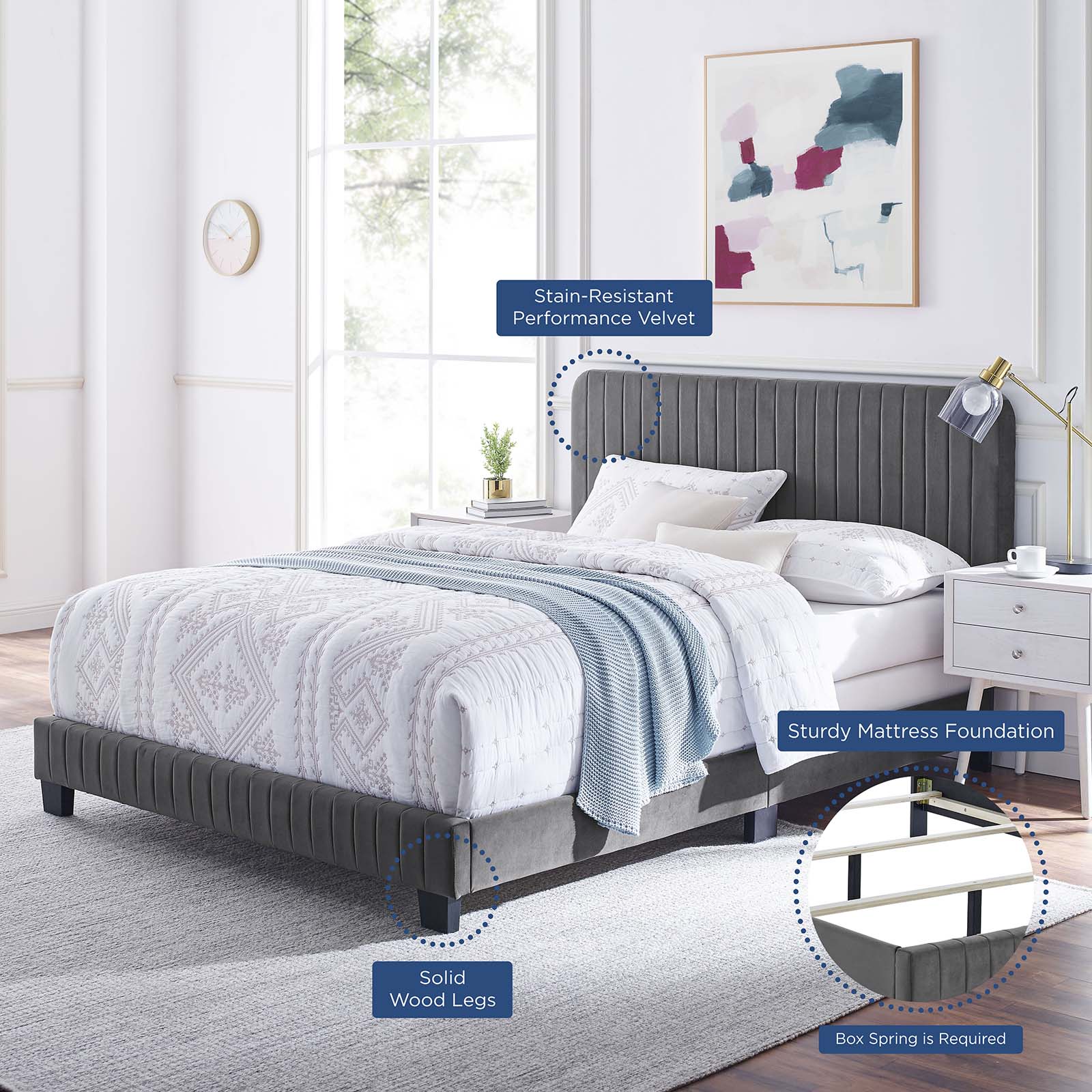 Modway Beds - Celine Channel Tufted Performance Velvet Queen Bed Gray