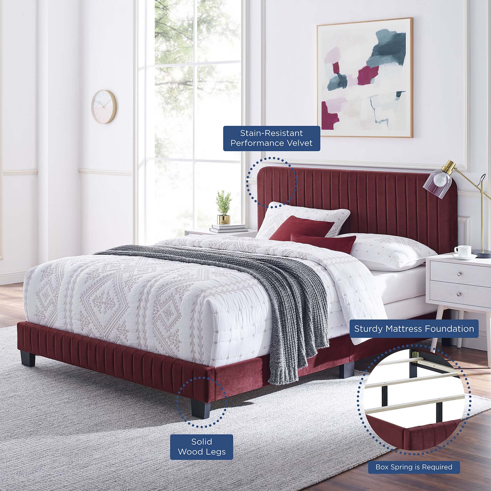 Modway Beds - Celine Channel Tufted Performance Velvet Twin Bed Maroon