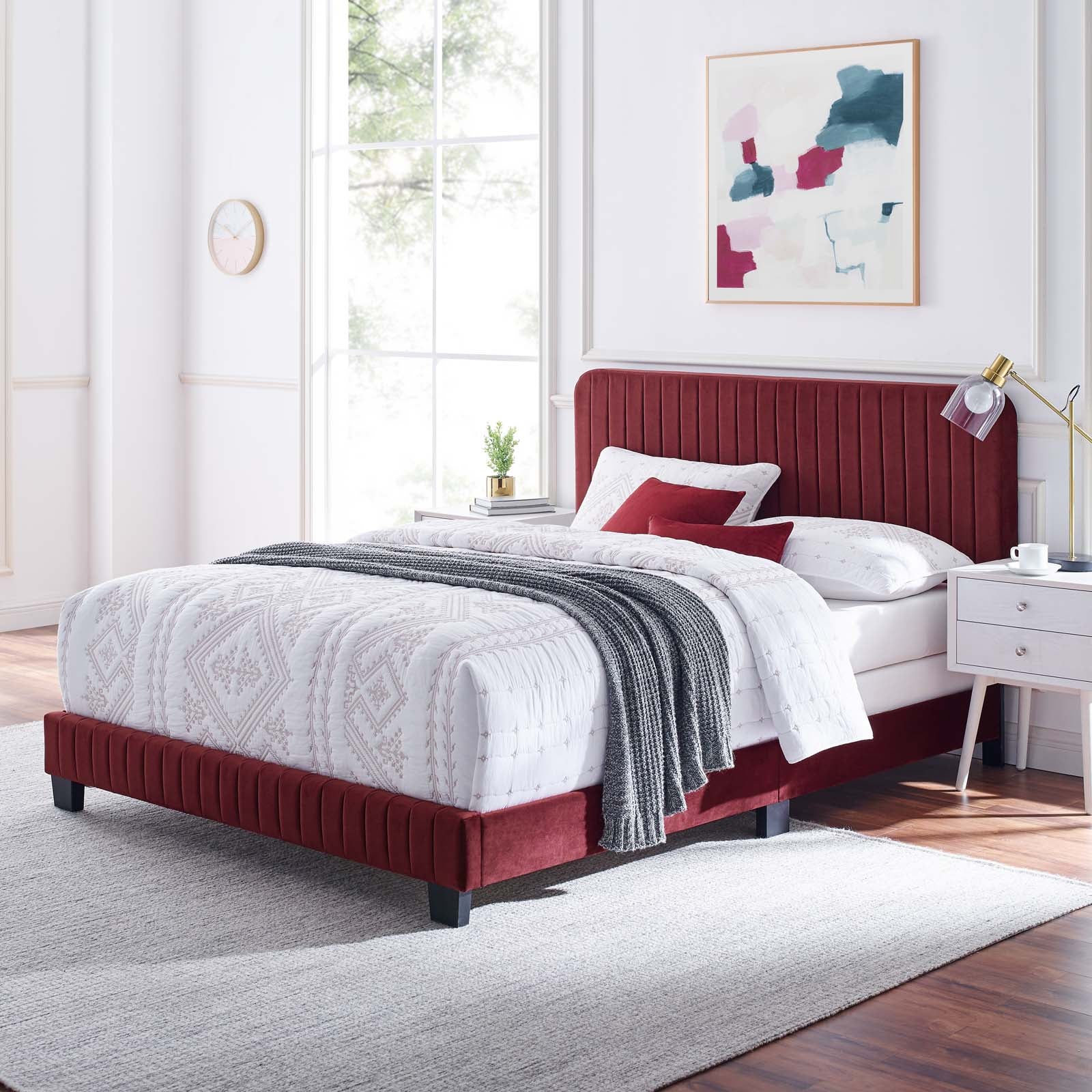 Modway Beds - Celine Channel Tufted Performance Velvet Twin Bed Maroon