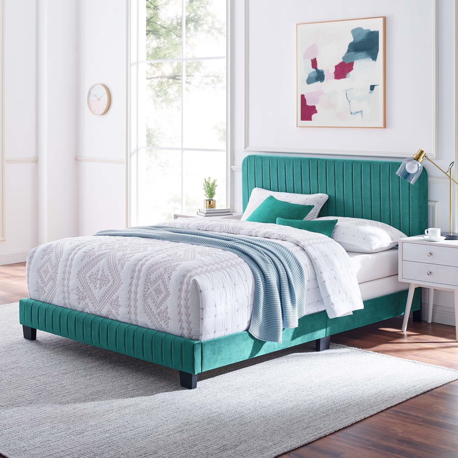 Modway Beds - Celine Channel Tufted Performance Velvet Twin Bed Teal